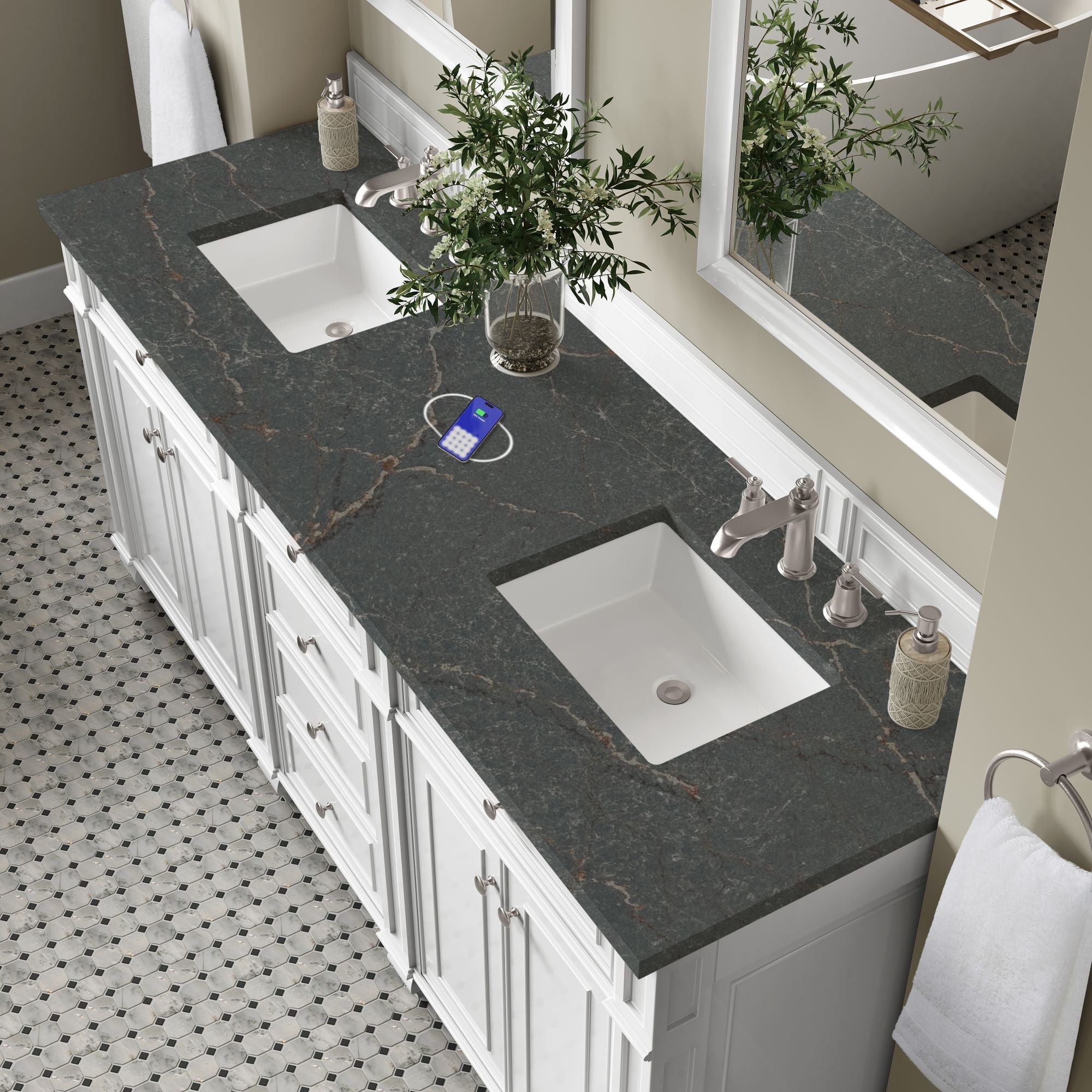 James Martin Bristol 72" Double Bathroom Vanity, Bright White with Parisien Bleu (FreePower) countertop