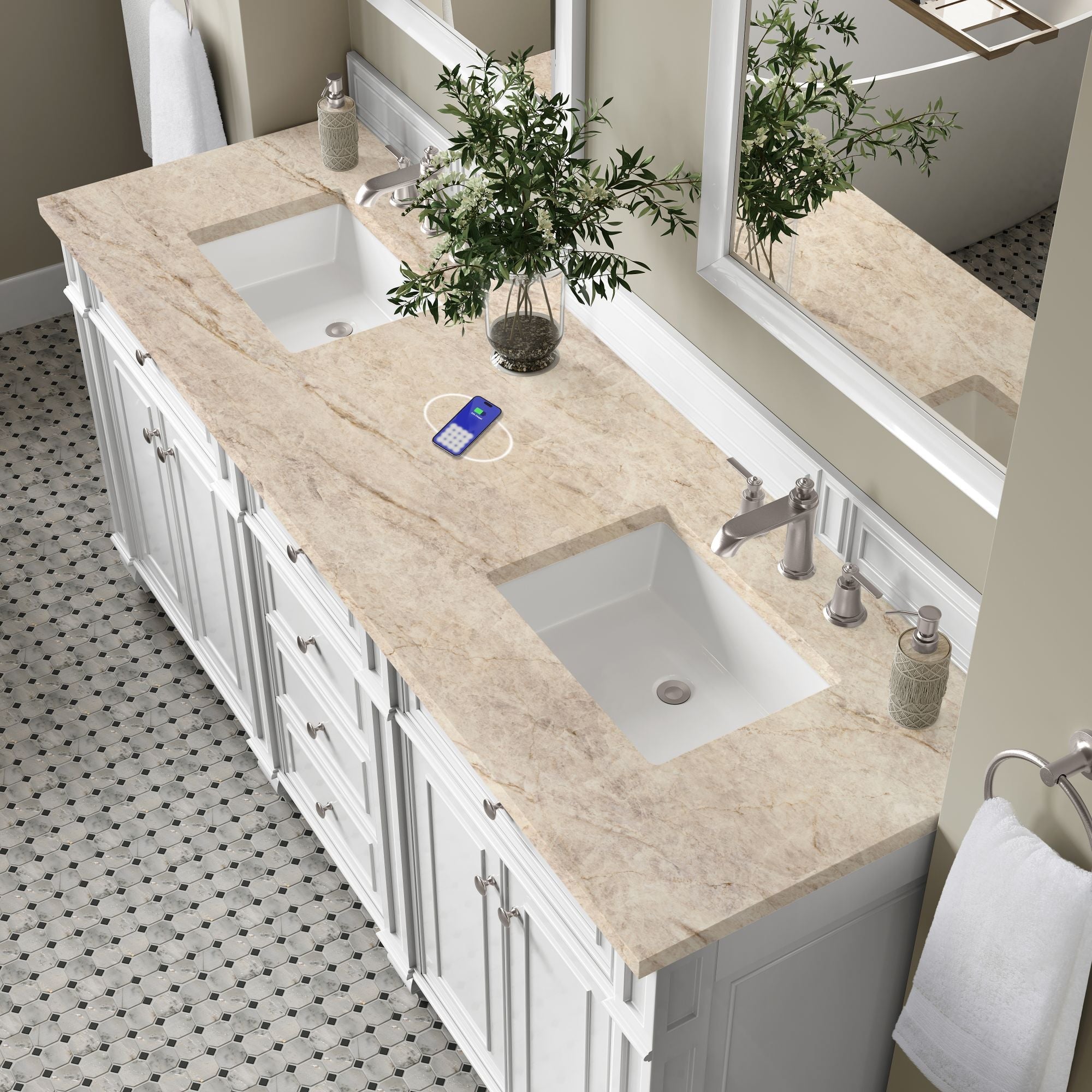 James Martin Bristol 72" Double Bathroom Vanity, Bright White with Tajnar (FreePower) countertop