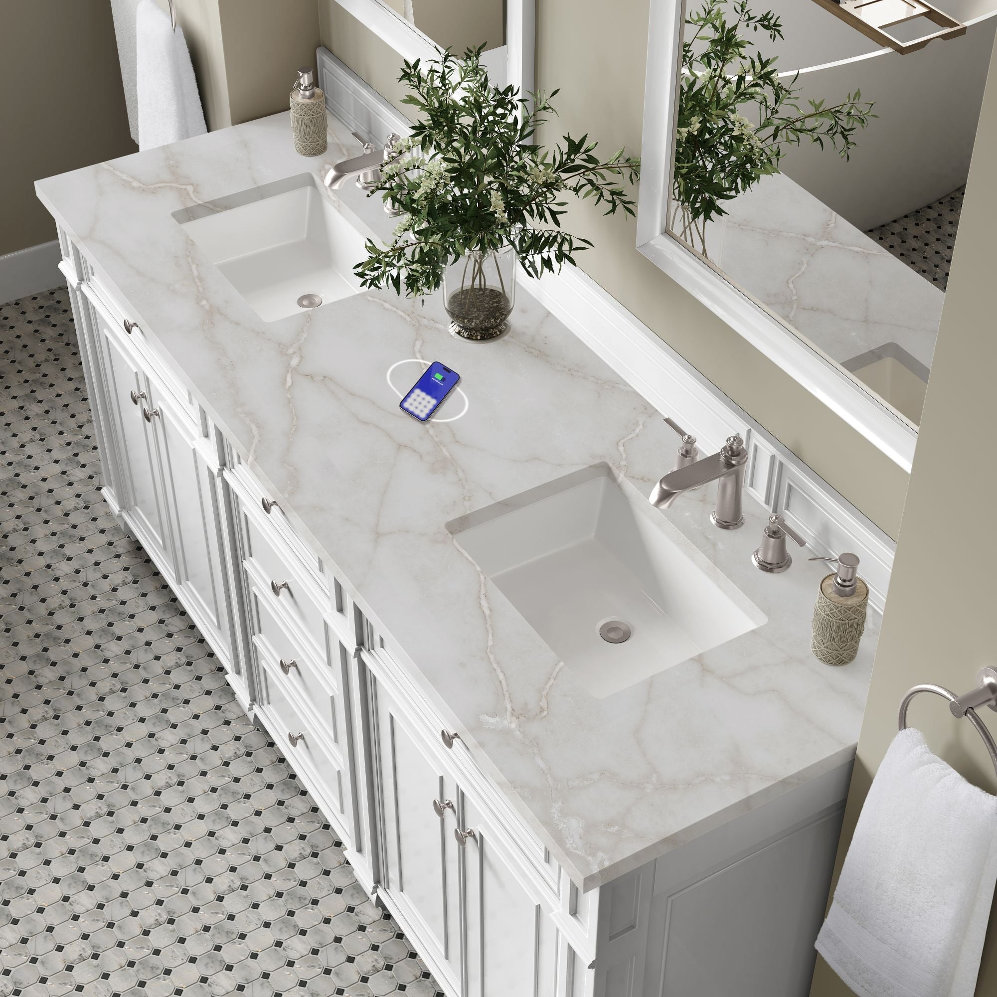 James Martin Bristol 72" Double Bathroom Vanity, Bright White with Victorian Silver (FreePower) countertop