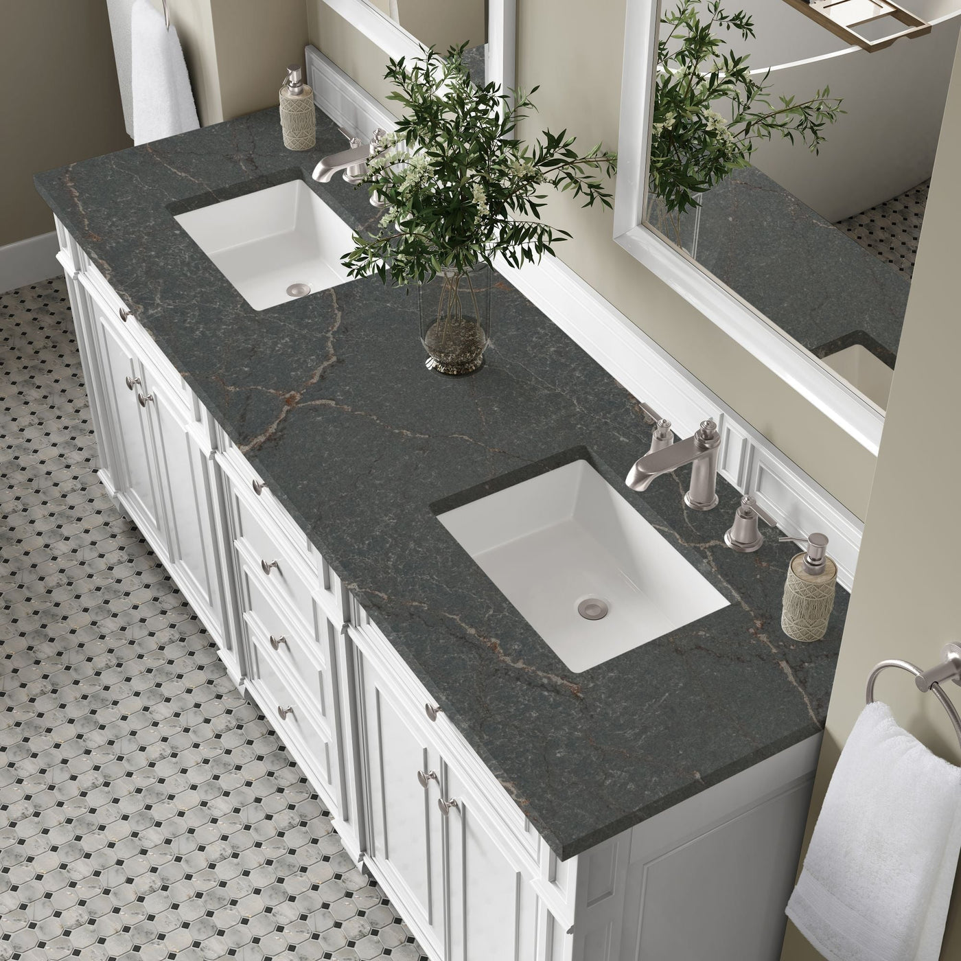 James Martin Bristol 72" Double Bathroom Vanity, Bright White with Parisien Bleu countertop