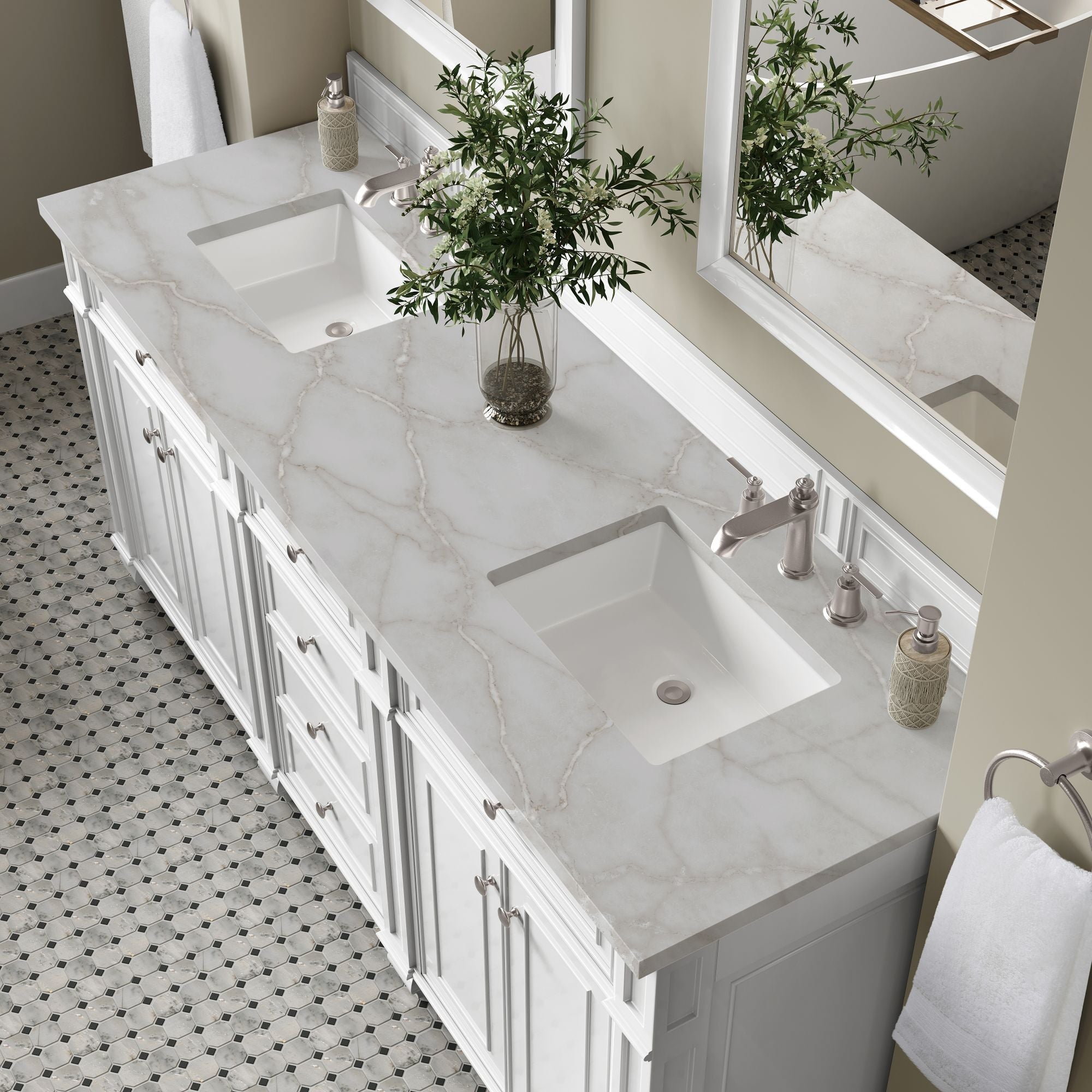 James Martin Bristol 72" Double Bathroom Vanity, Bright White with Victorian Silver countertop
