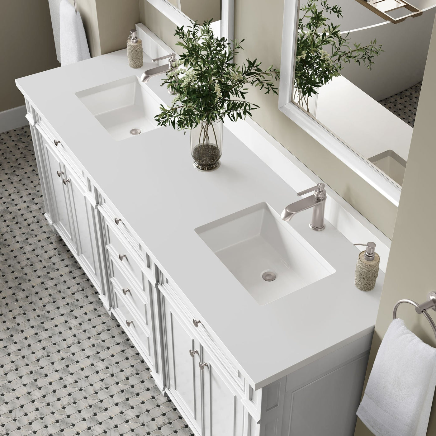 James Martin Bristol 72" Double Bathroom Vanity, Bright White with White Zeus (Single Hole, with Backsplash) countertop