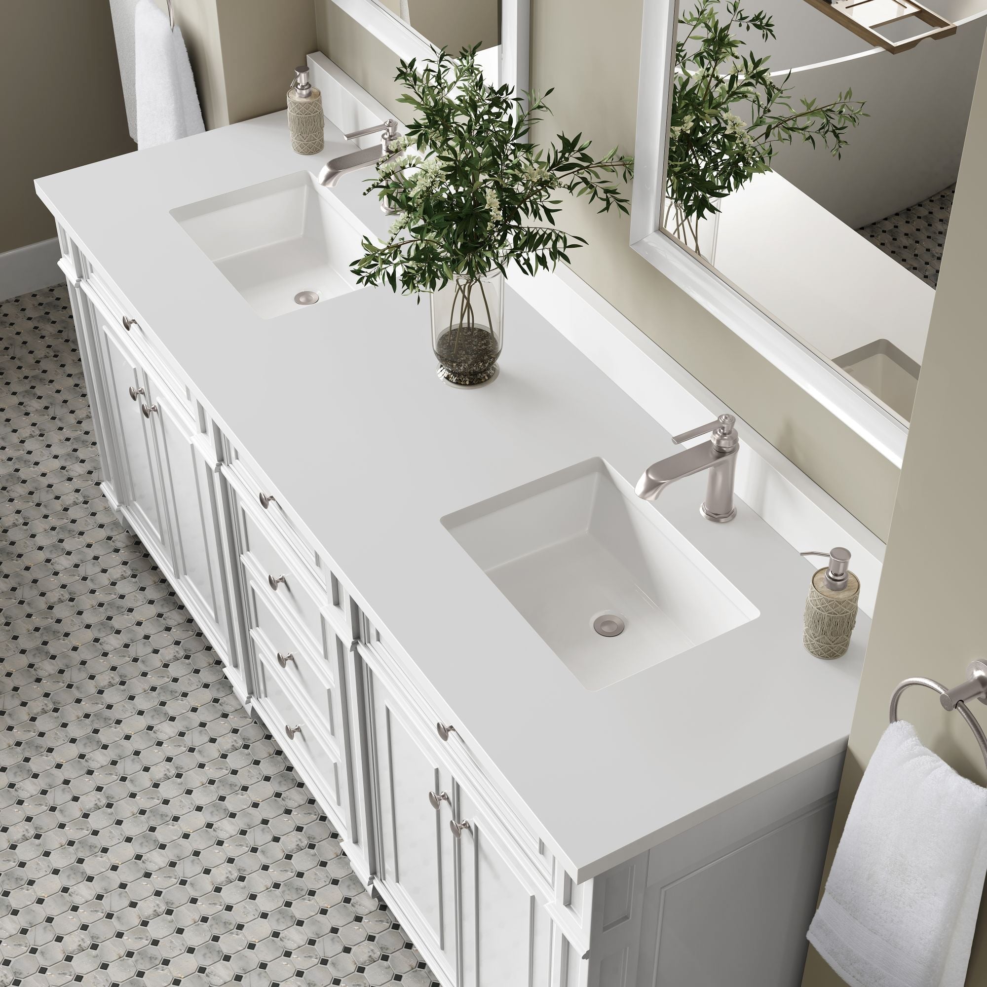 James Martin Bristol 72" Double Bathroom Vanity, Bright White with White Zeus (Single Hole, with Backsplash) countertop