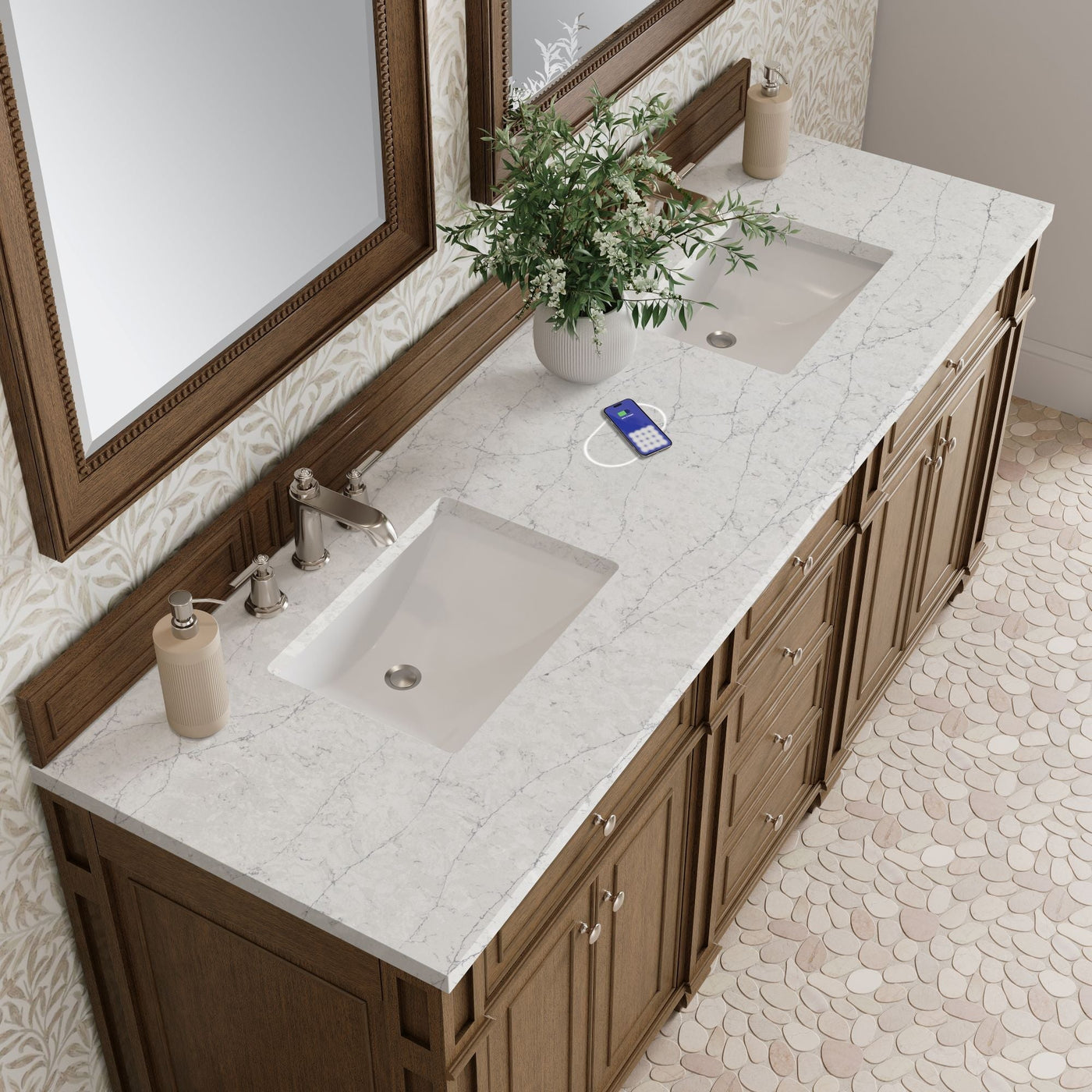 James Martin Bristol 72" Double Bathroom Vanity, Saddle Brown with Eternal Jasmine Pearl (FreePower) countertop