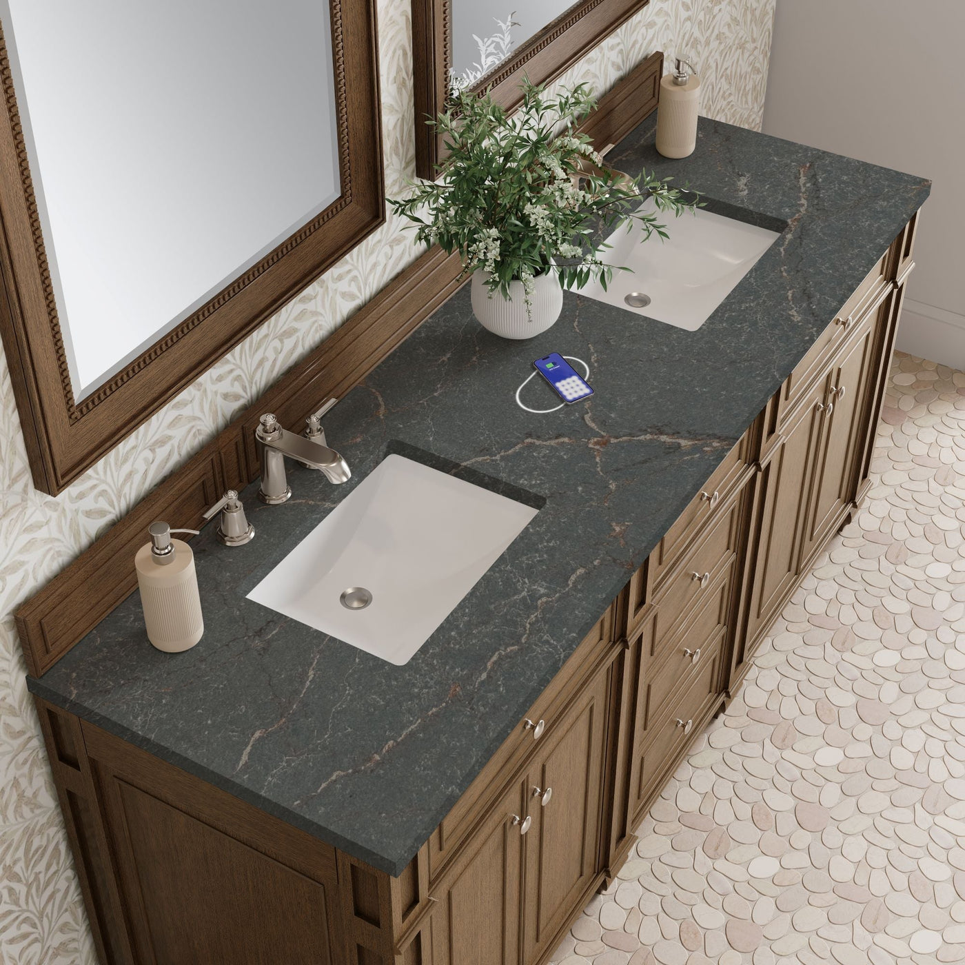 James Martin Bristol 72" Double Bathroom Vanity, Saddle Brown with Parisien Bleu (FreePower) countertop