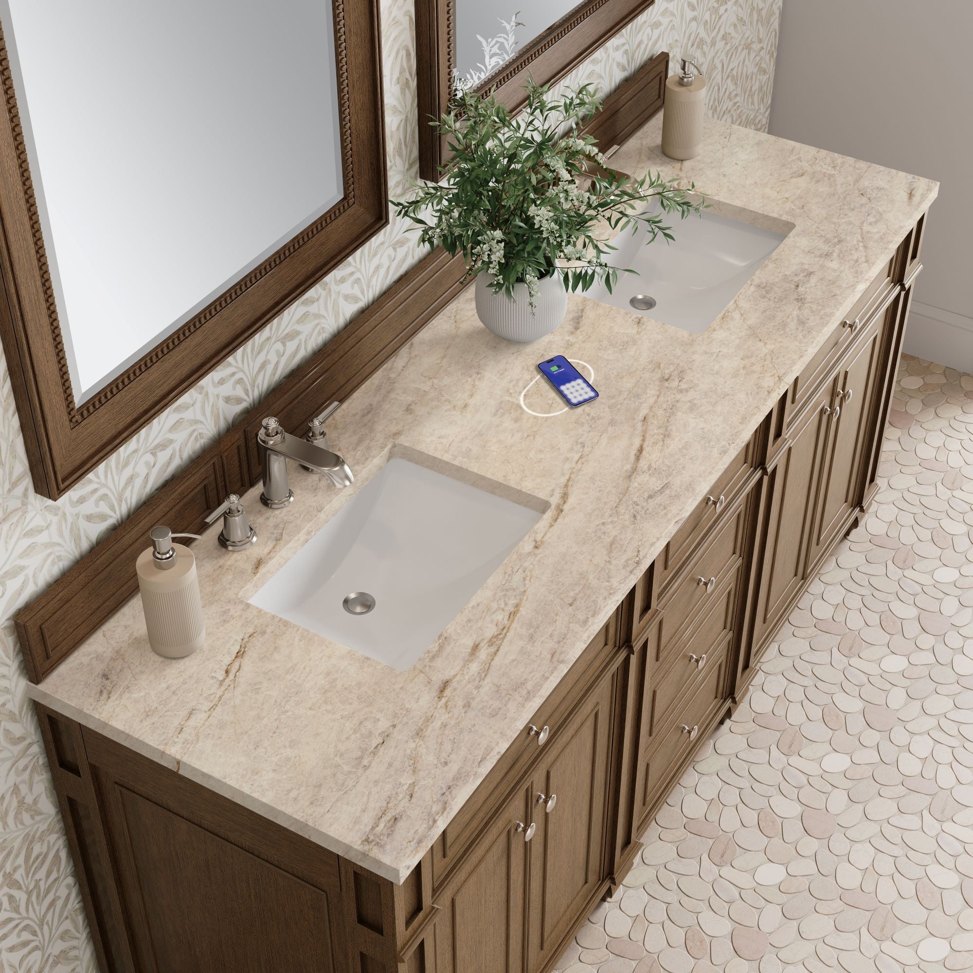 James Martin Bristol 72" Double Bathroom Vanity, Saddle Brown with Tajnar (FreePower) countertop