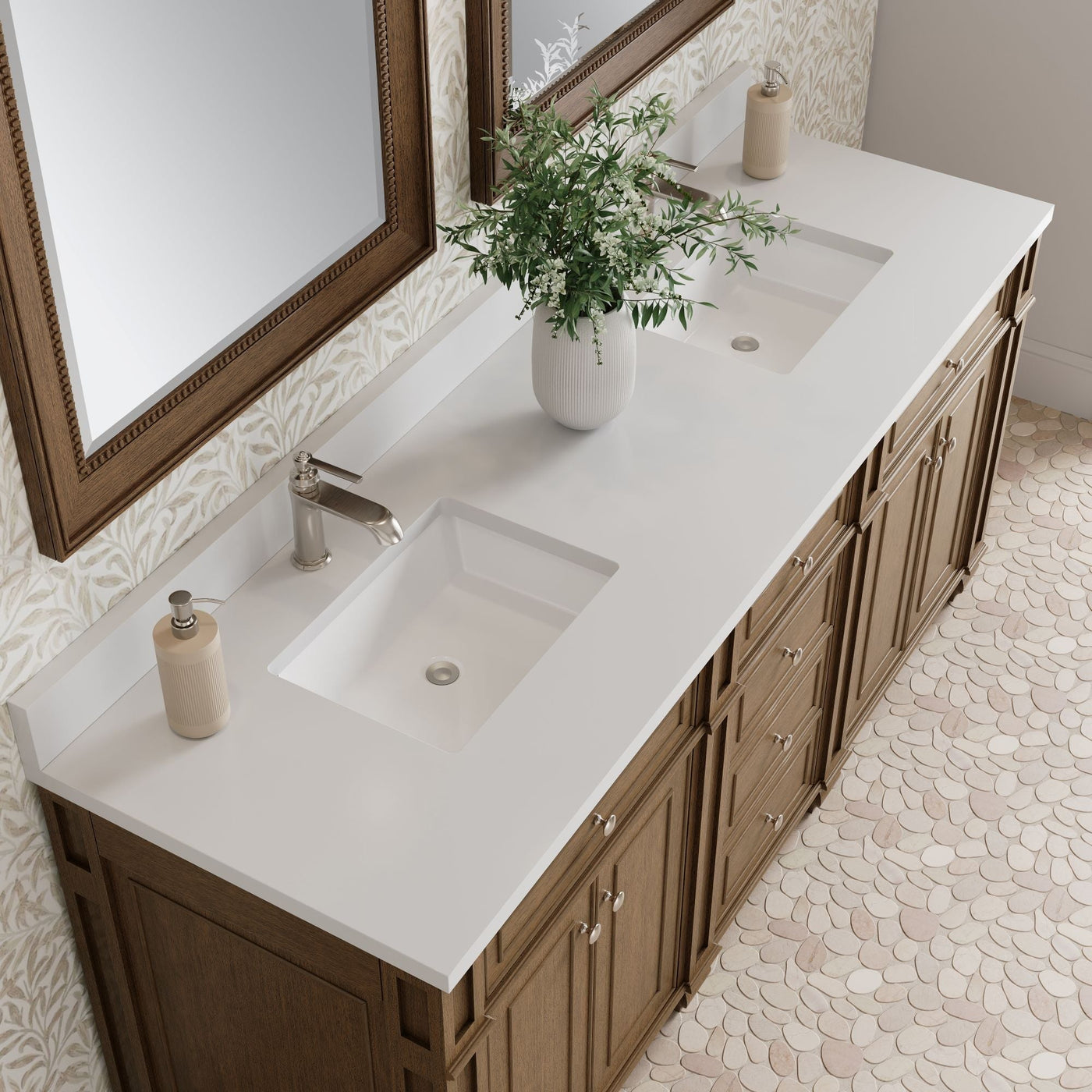James Martin Bristol 72" Double Bathroom Vanity, Saddle Brown with White Zeus (Single Hole, with Backsplash) countertop