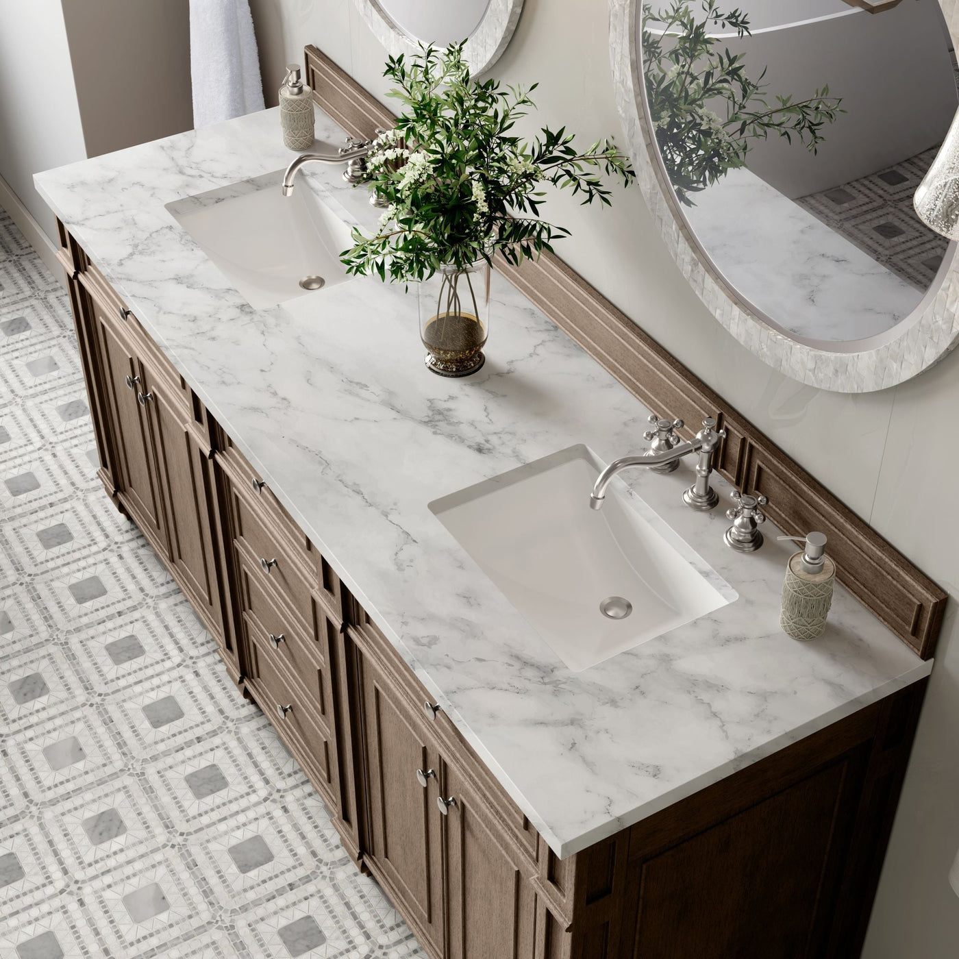 James Martin Bristol 72" Double Bathroom Vanity, Whitewashed Walnut with Carrara White countertop