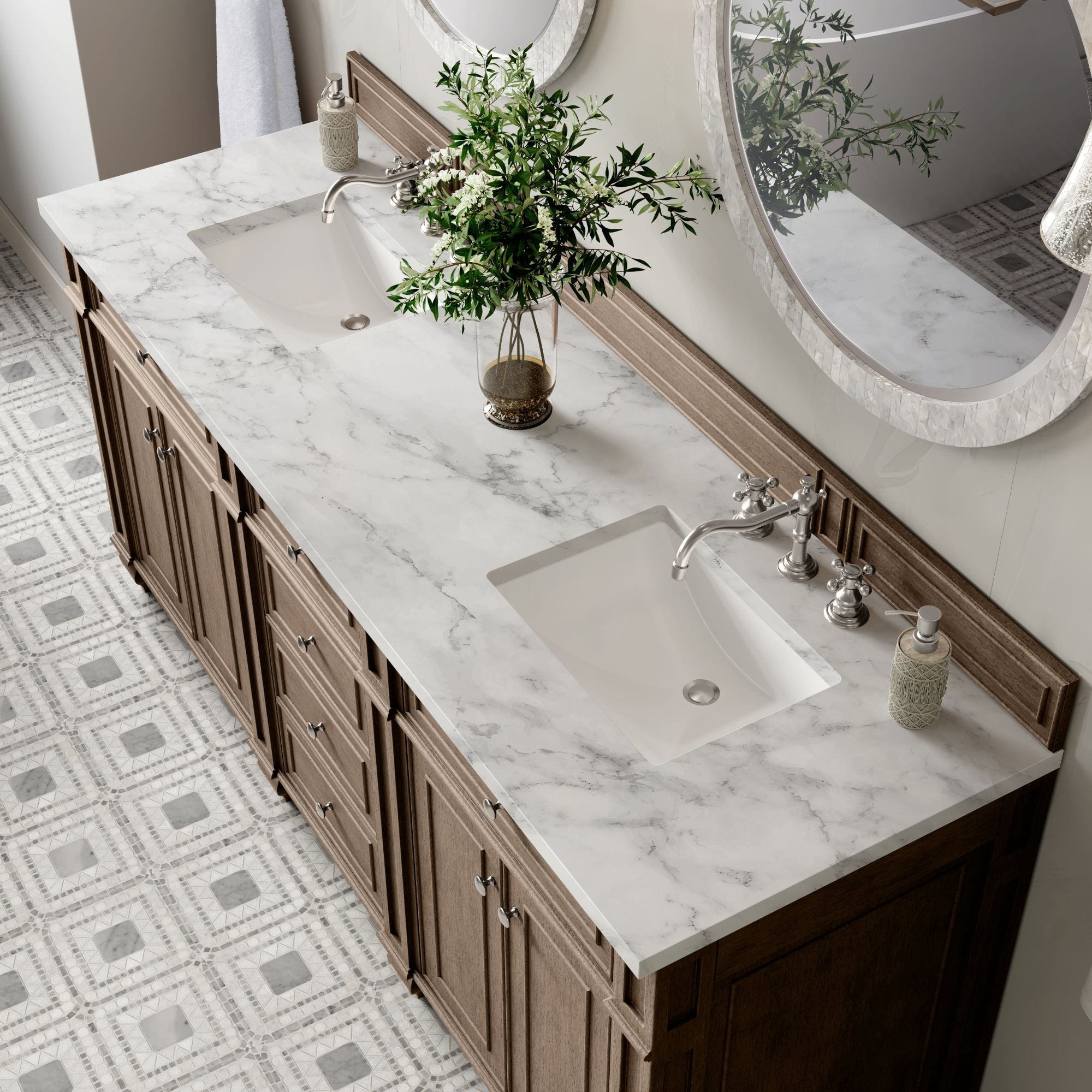 James Martin Bristol 72" Double Bathroom Vanity, Whitewashed Walnut with Carrara White countertop