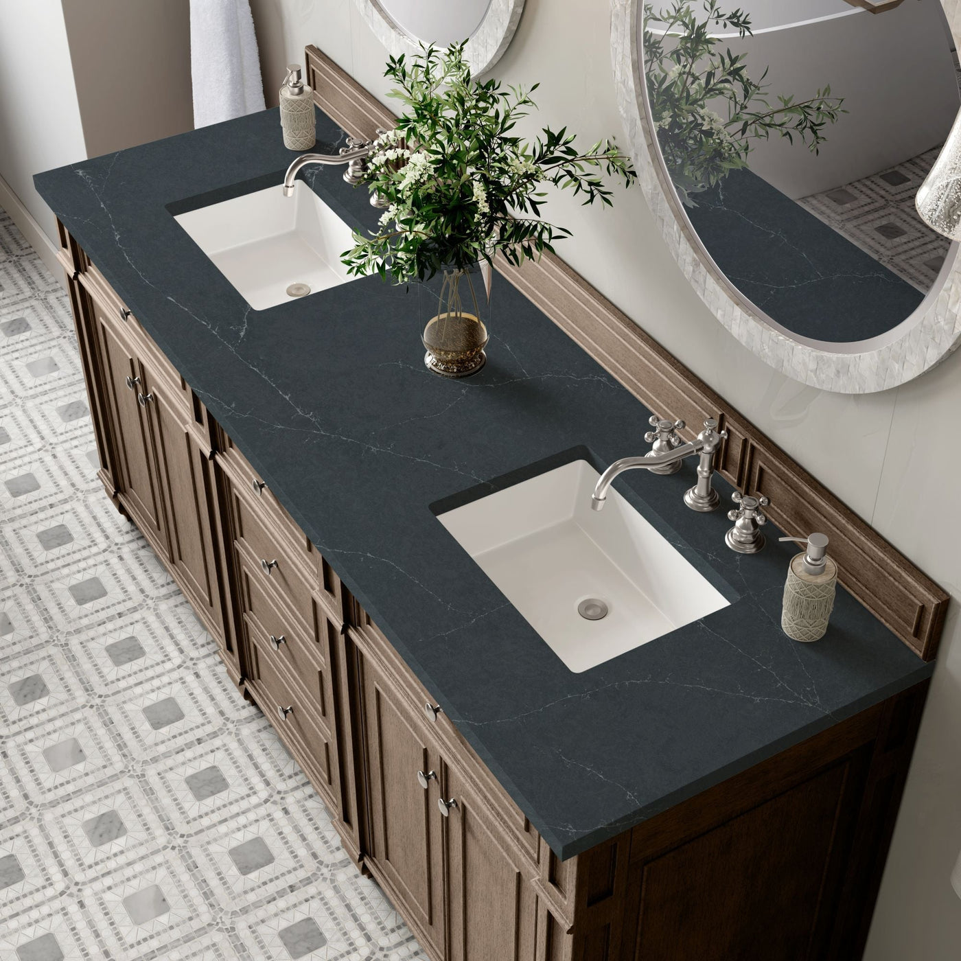 James Martin Bristol 72" Double Bathroom Vanity, Whitewashed Walnut with Charcoal Soapstone countertop