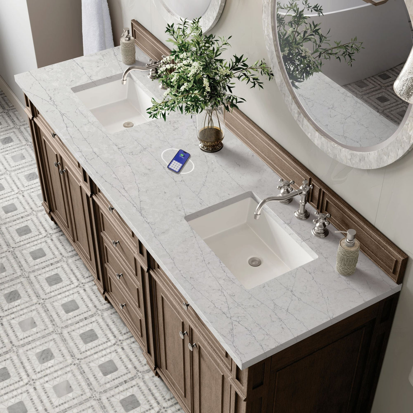 James Martin Bristol 72" Double Bathroom Vanity, Whitewashed Walnut with Eternal Jasmine Pearl (FreePower) countertop