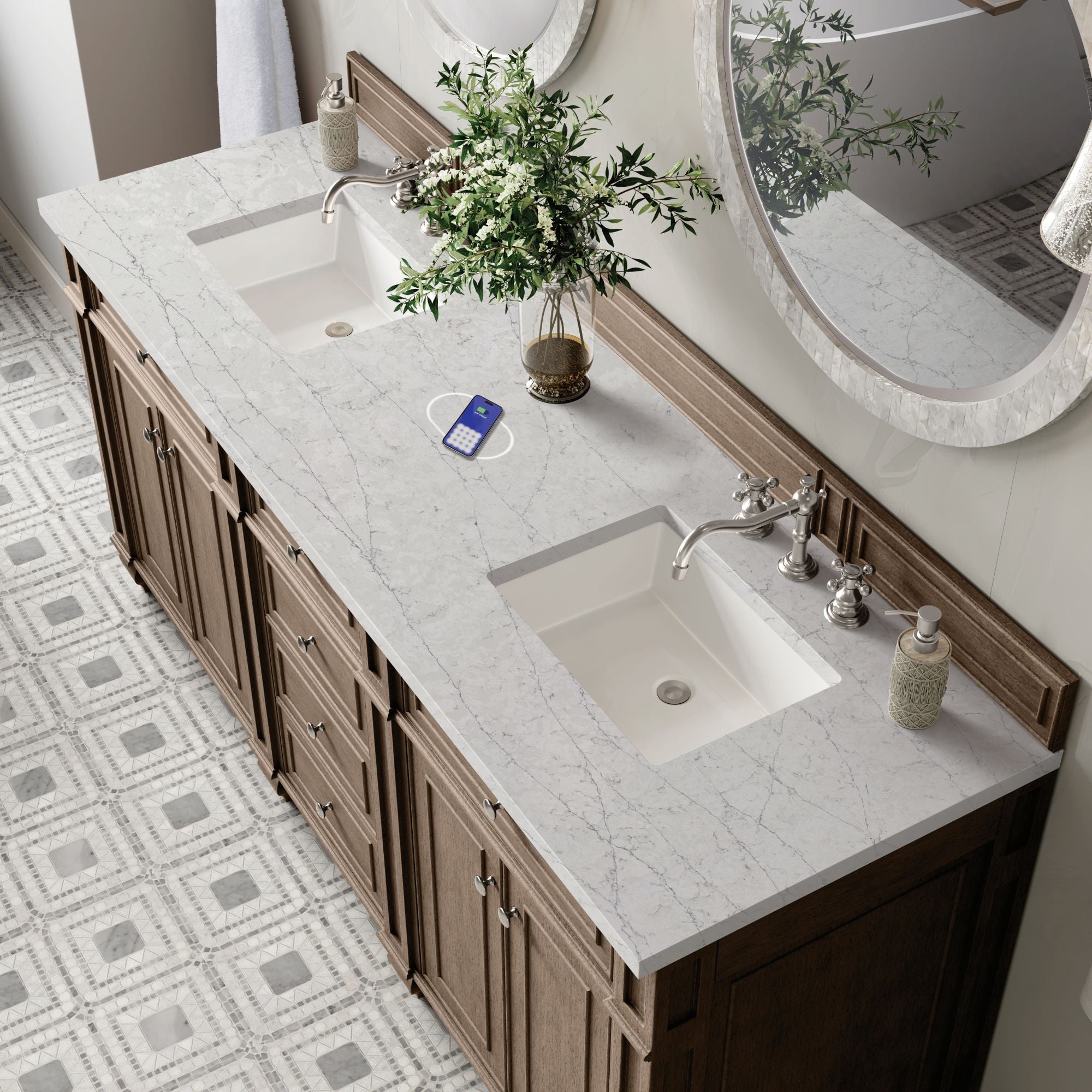 James Martin Bristol 72" Double Bathroom Vanity, Whitewashed Walnut with Eternal Jasmine Pearl (FreePower) countertop