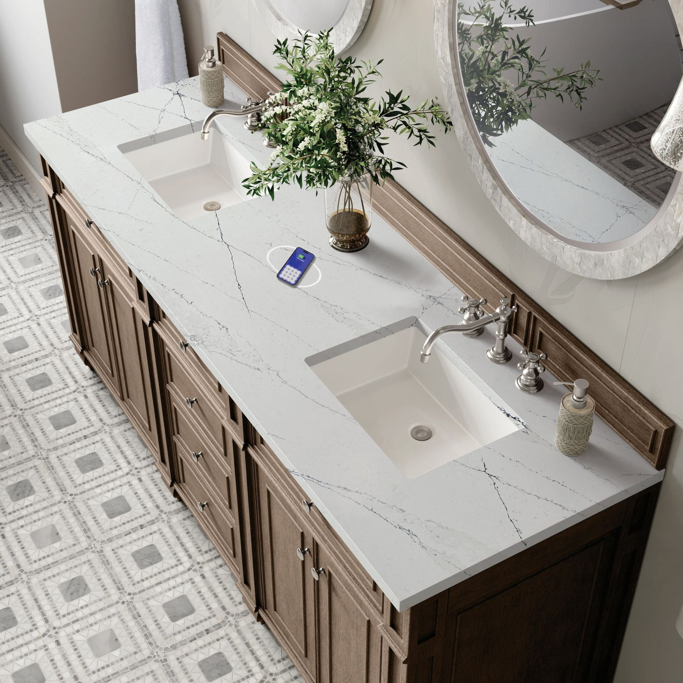 James Martin Bristol 72" Double Bathroom Vanity, Whitewashed Walnut with Ethereal Noctis (FreePower) countertop