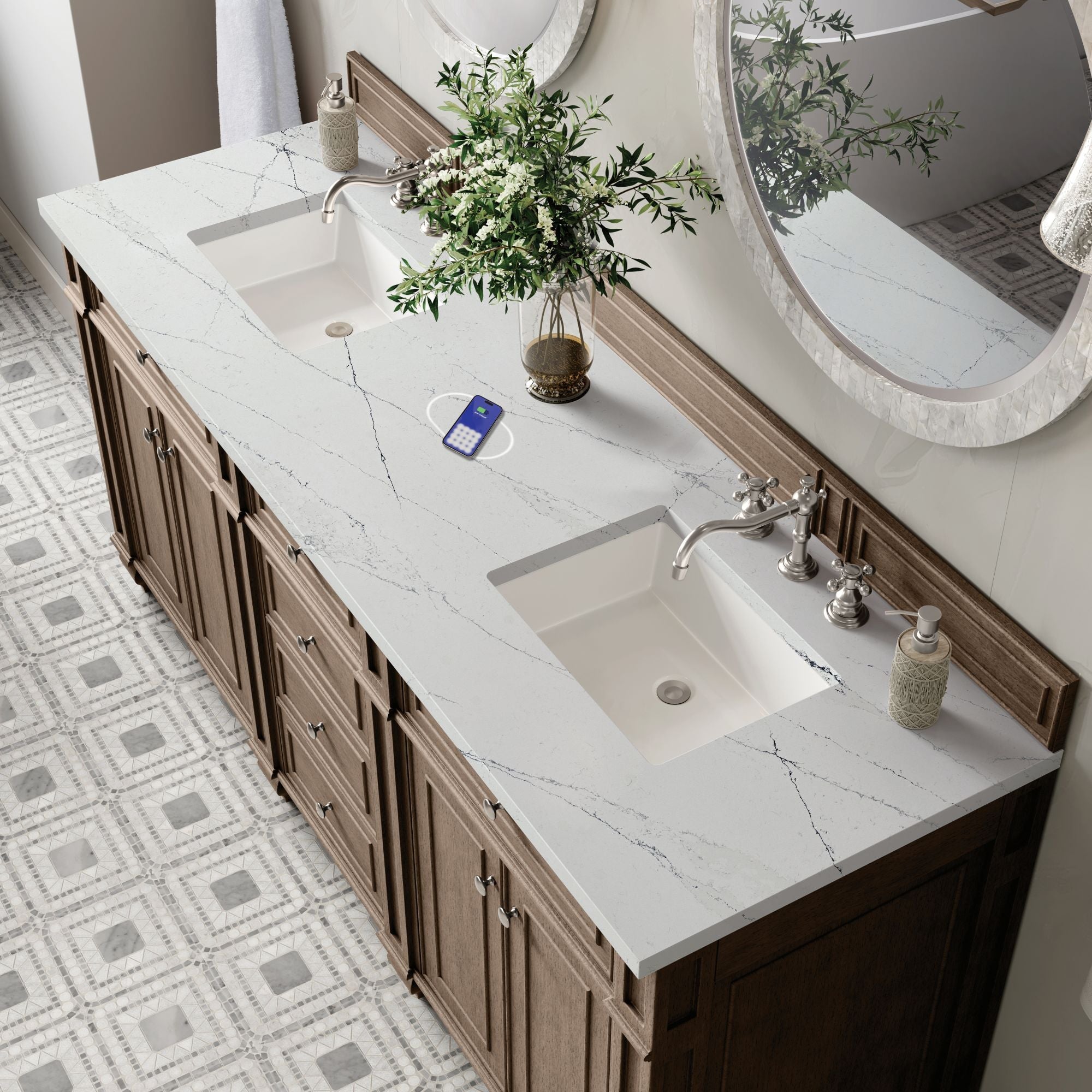 James Martin Bristol 72" Double Bathroom Vanity, Whitewashed Walnut with Ethereal Noctis (FreePower) countertop