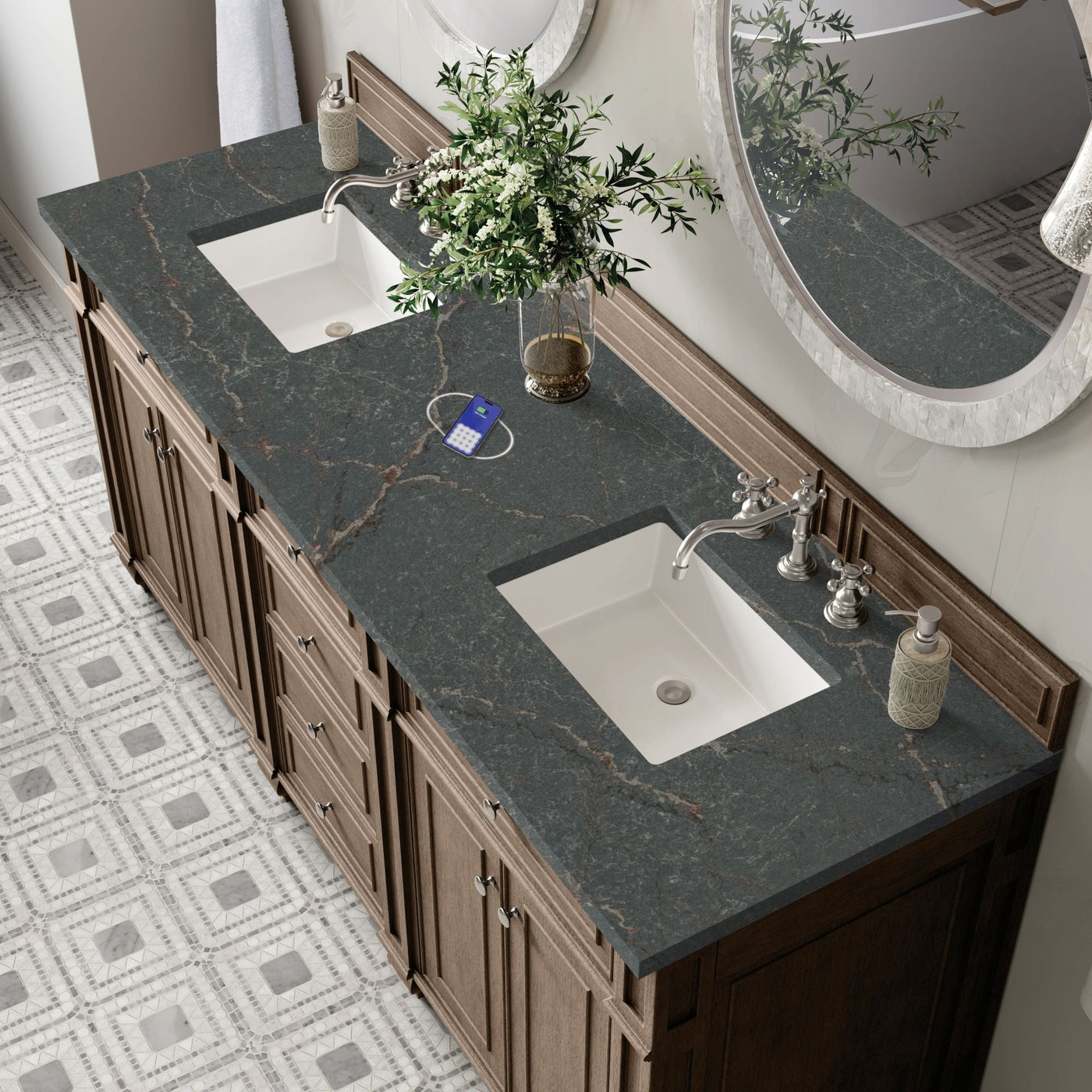 James Martin Bristol 72" Double Bathroom Vanity, Whitewashed Walnut with Parisien Bleu (FreePower) countertop