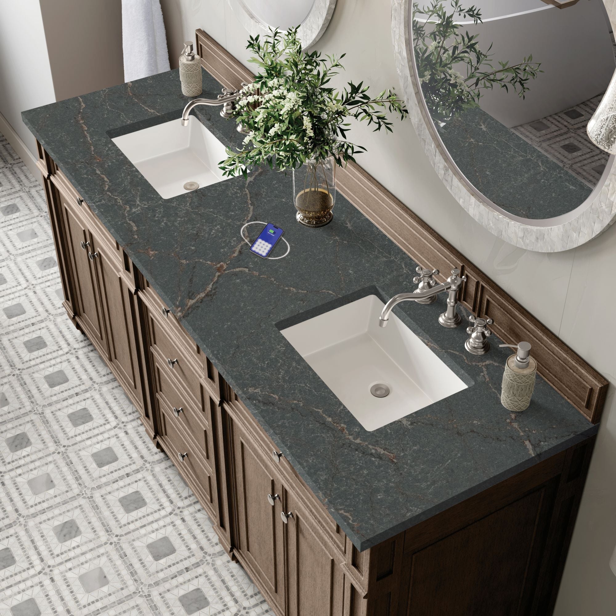 James Martin Bristol 72" Double Bathroom Vanity, Whitewashed Walnut with Parisien Bleu (FreePower) countertop