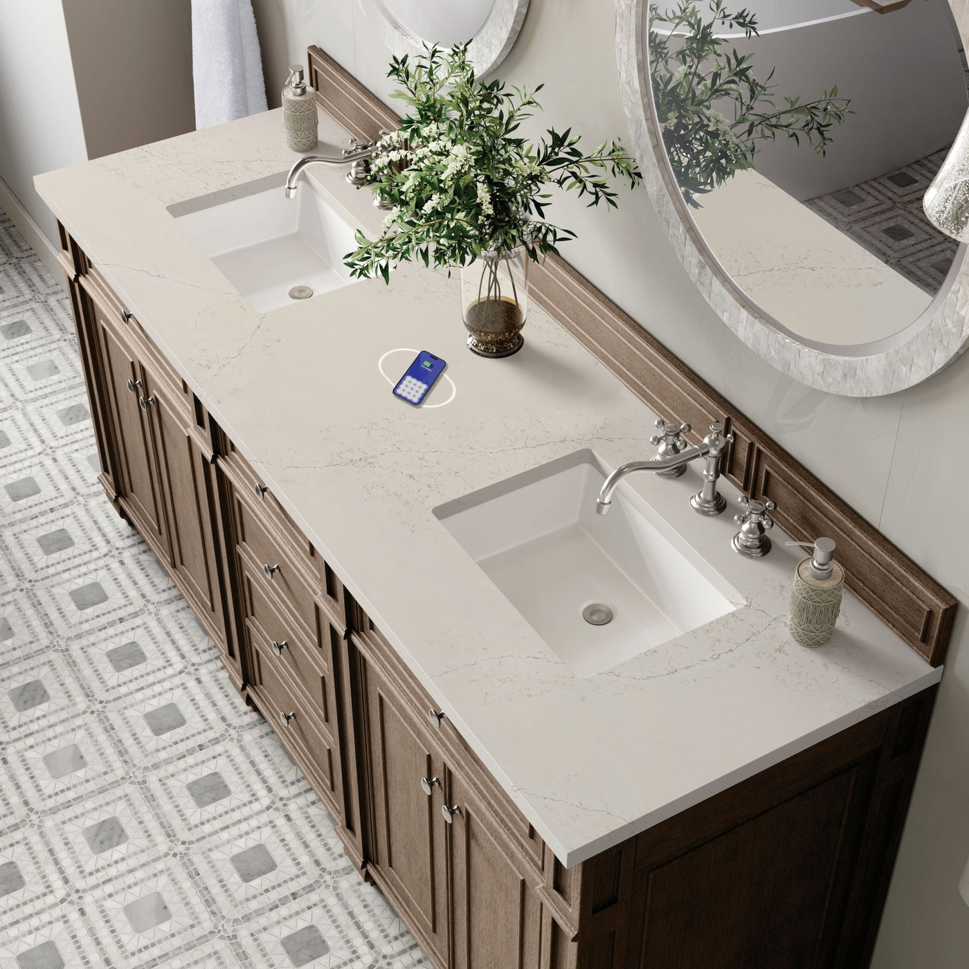 James Martin Bristol 72" Double Bathroom Vanity, Whitewashed Walnut with Siberian (FreePower) countertop