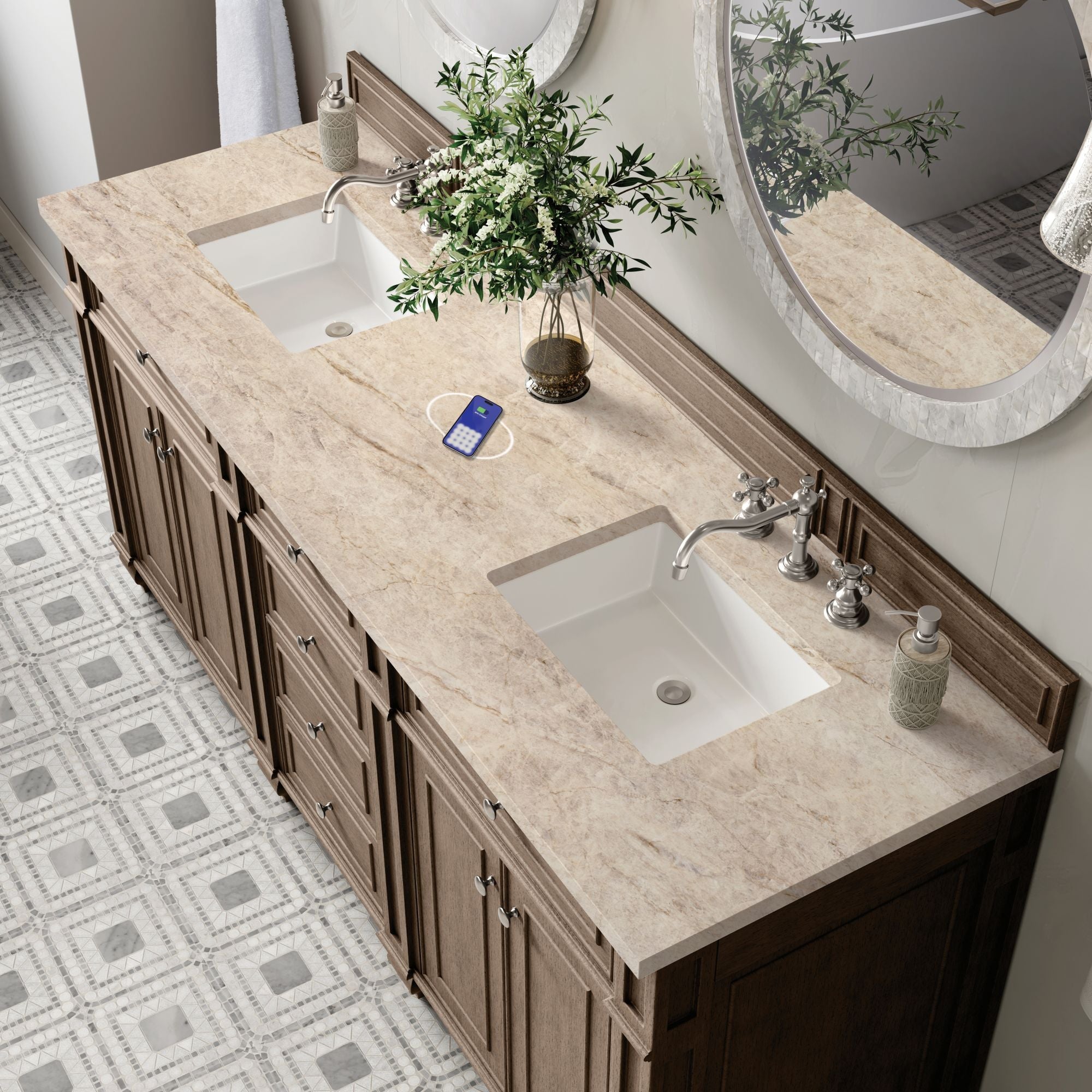 James Martin Bristol 72" Double Bathroom Vanity, Whitewashed Walnut with Tajnar (FreePower) countertop