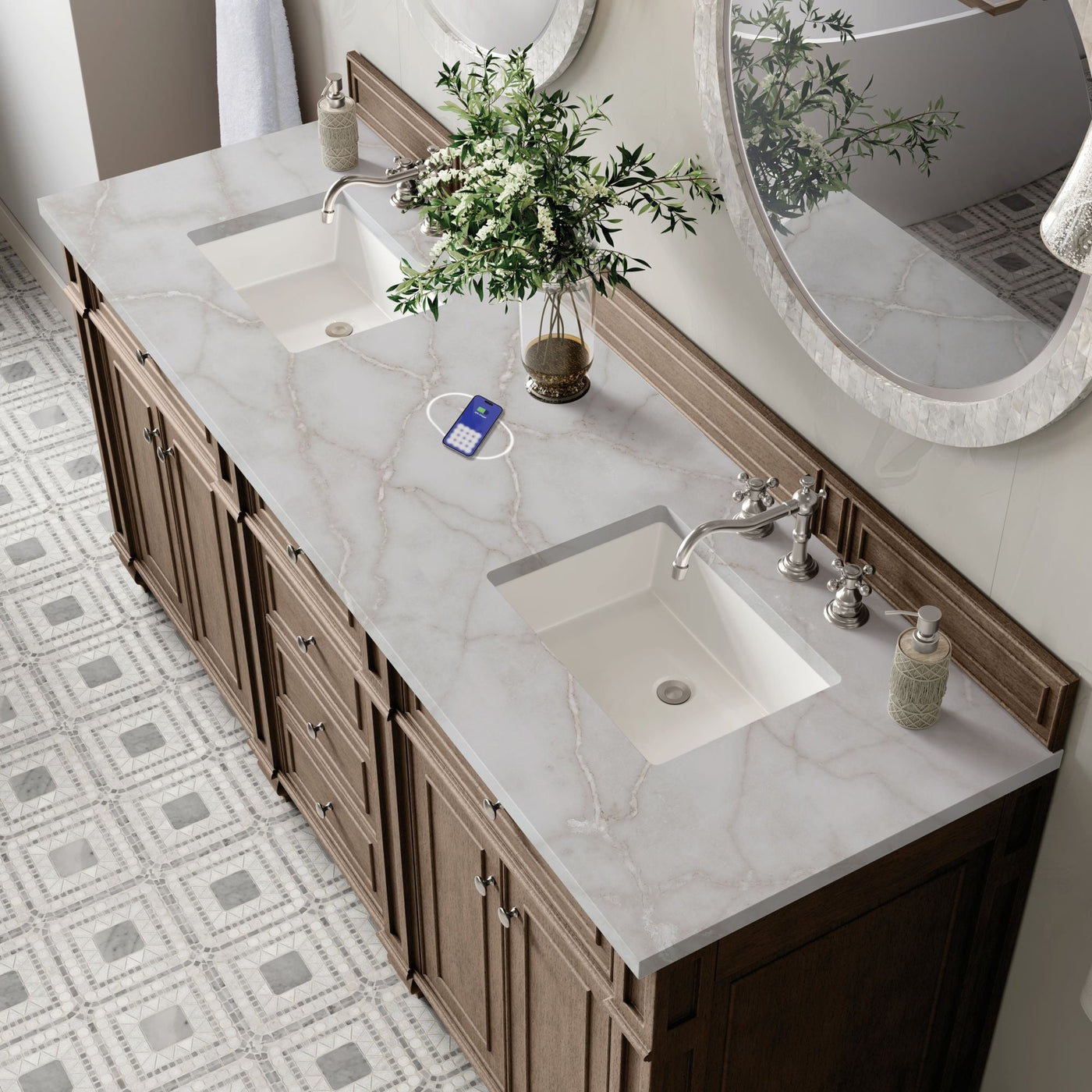 James Martin Bristol 72" Double Bathroom Vanity, Whitewashed Walnut with Victorian Silver (FreePower) countertop