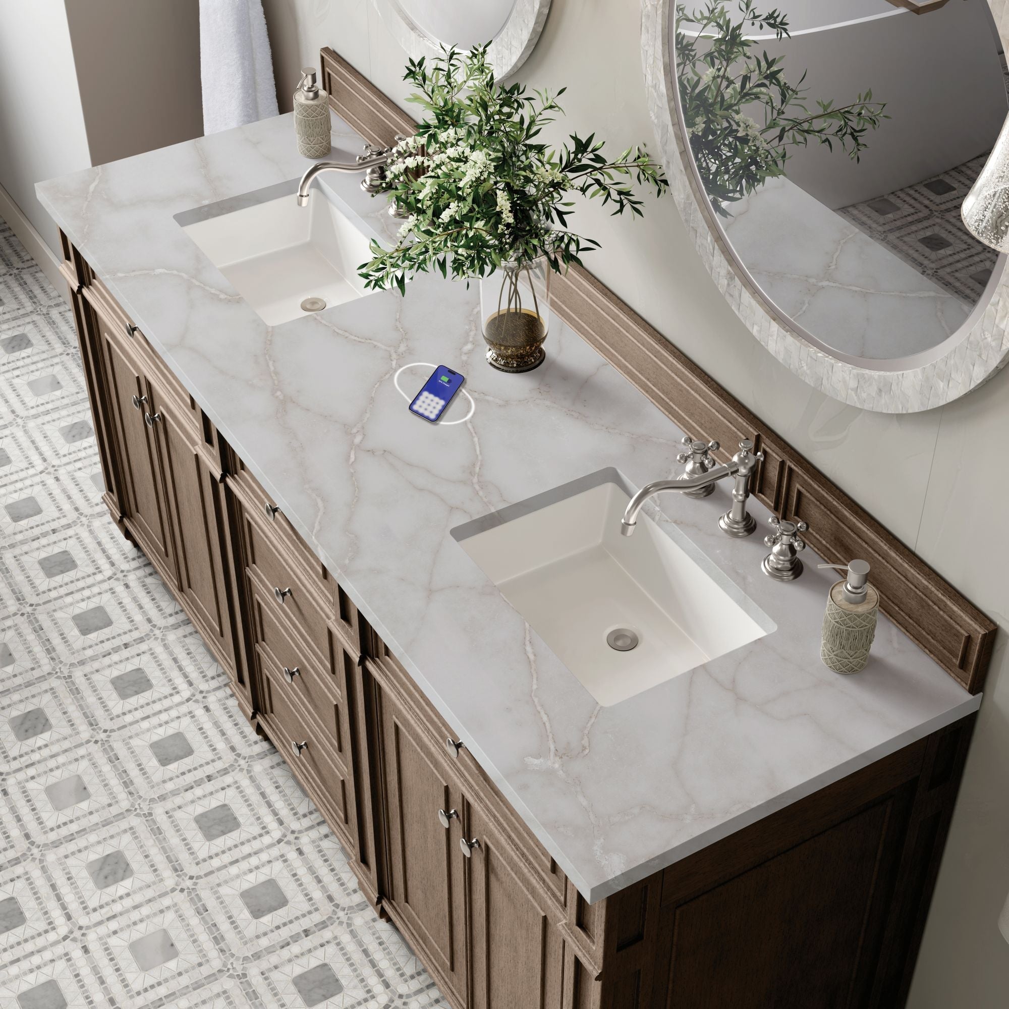 James Martin Bristol 72" Double Bathroom Vanity, Whitewashed Walnut with Victorian Silver (FreePower) countertop