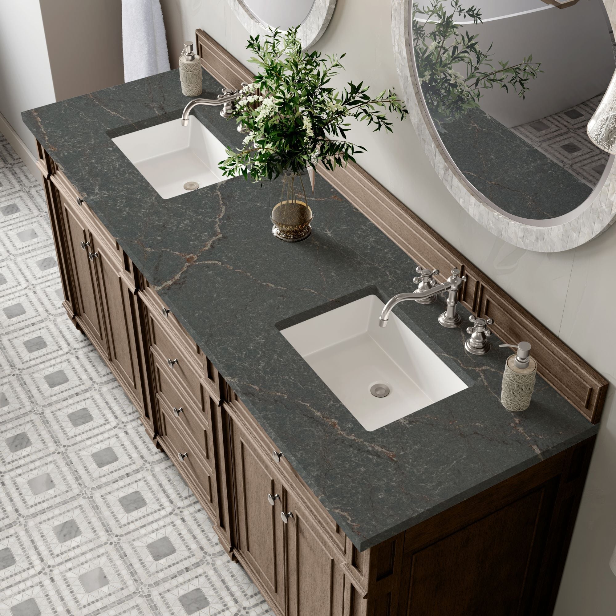 James Martin Bristol 72" Double Bathroom Vanity, Whitewashed Walnut with Parisien Bleu countertop