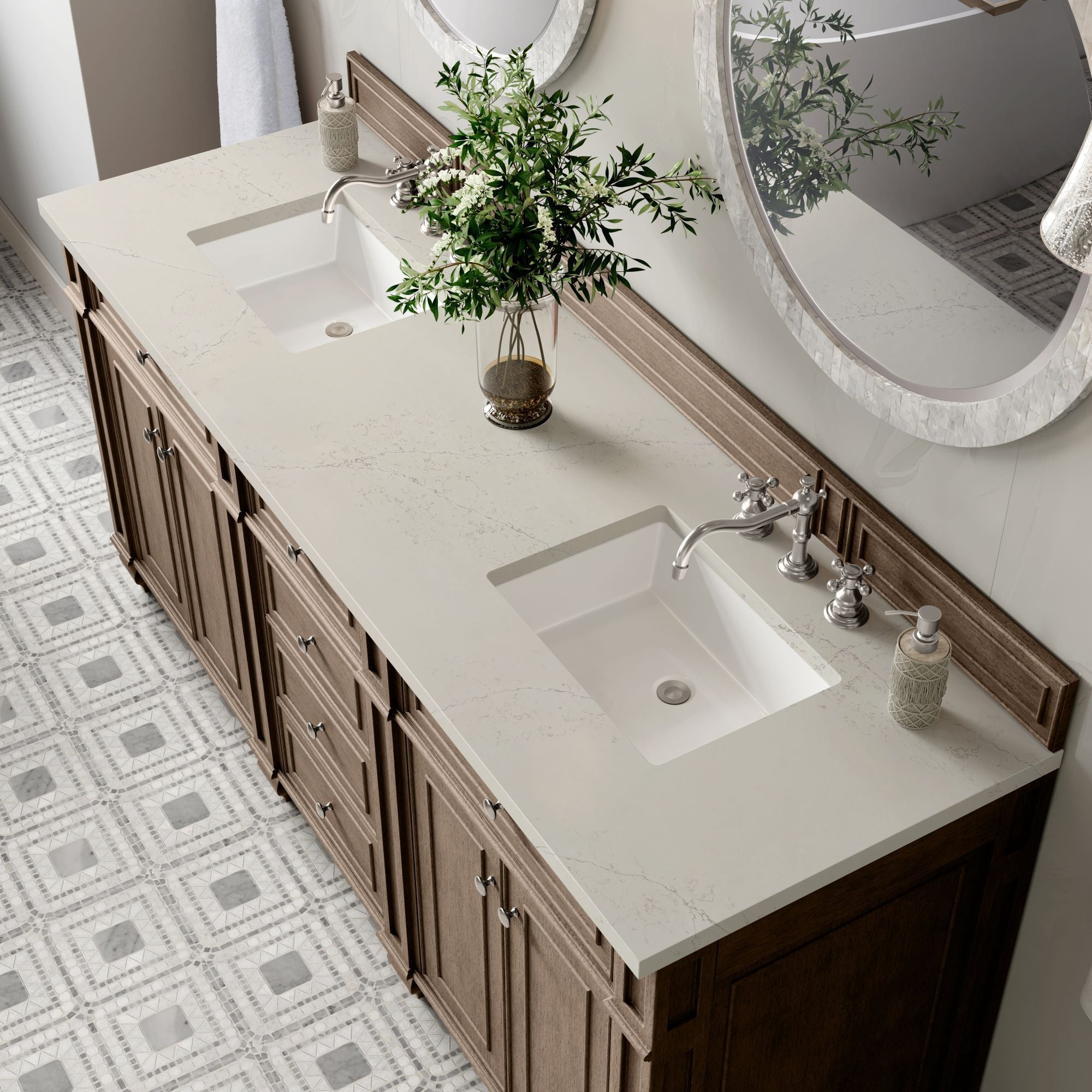 James Martin Bristol 72" Double Bathroom Vanity, Whitewashed Walnut with Siberian countertop