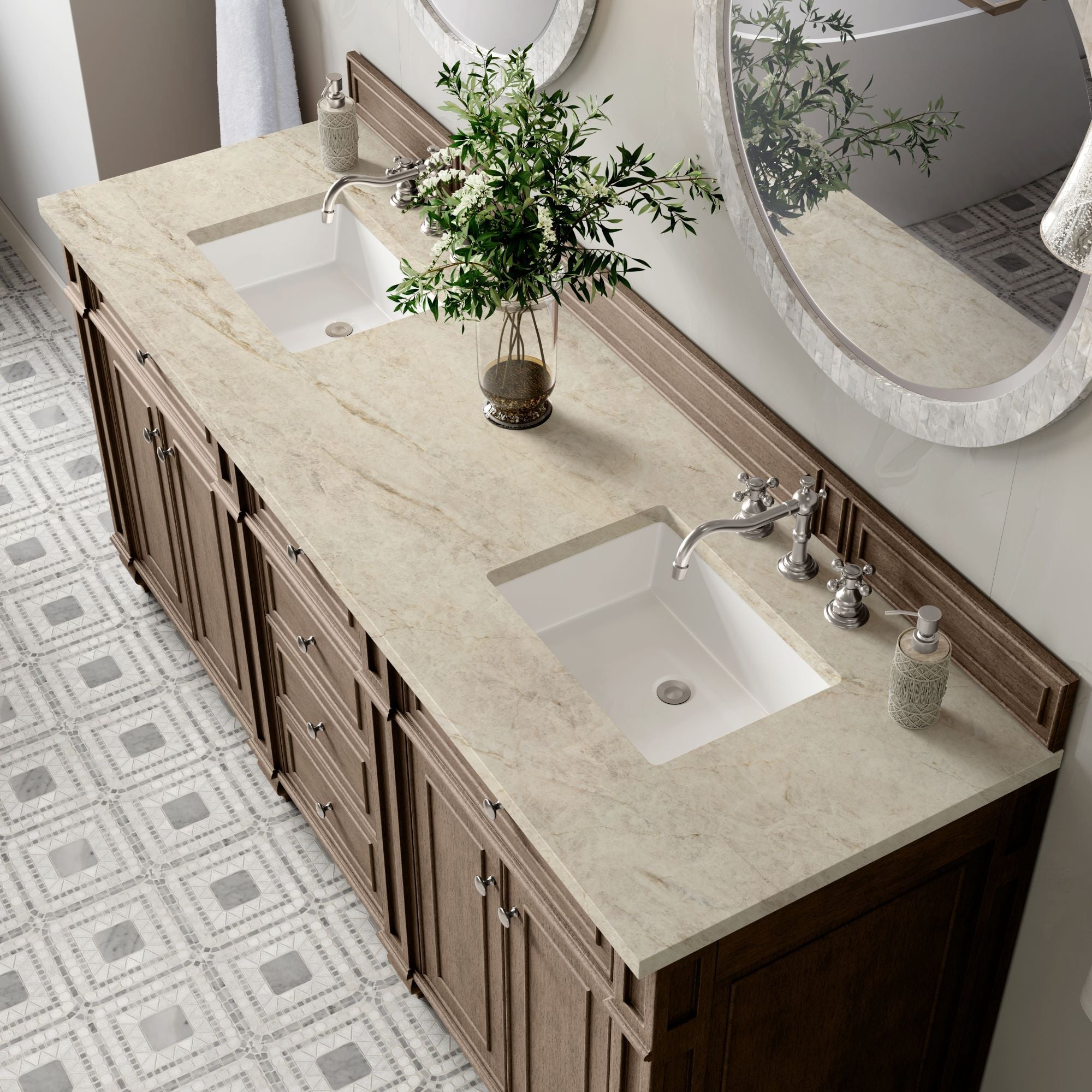 James Martin Bristol 72" Double Bathroom Vanity, Whitewashed Walnut with Tajnar countertop