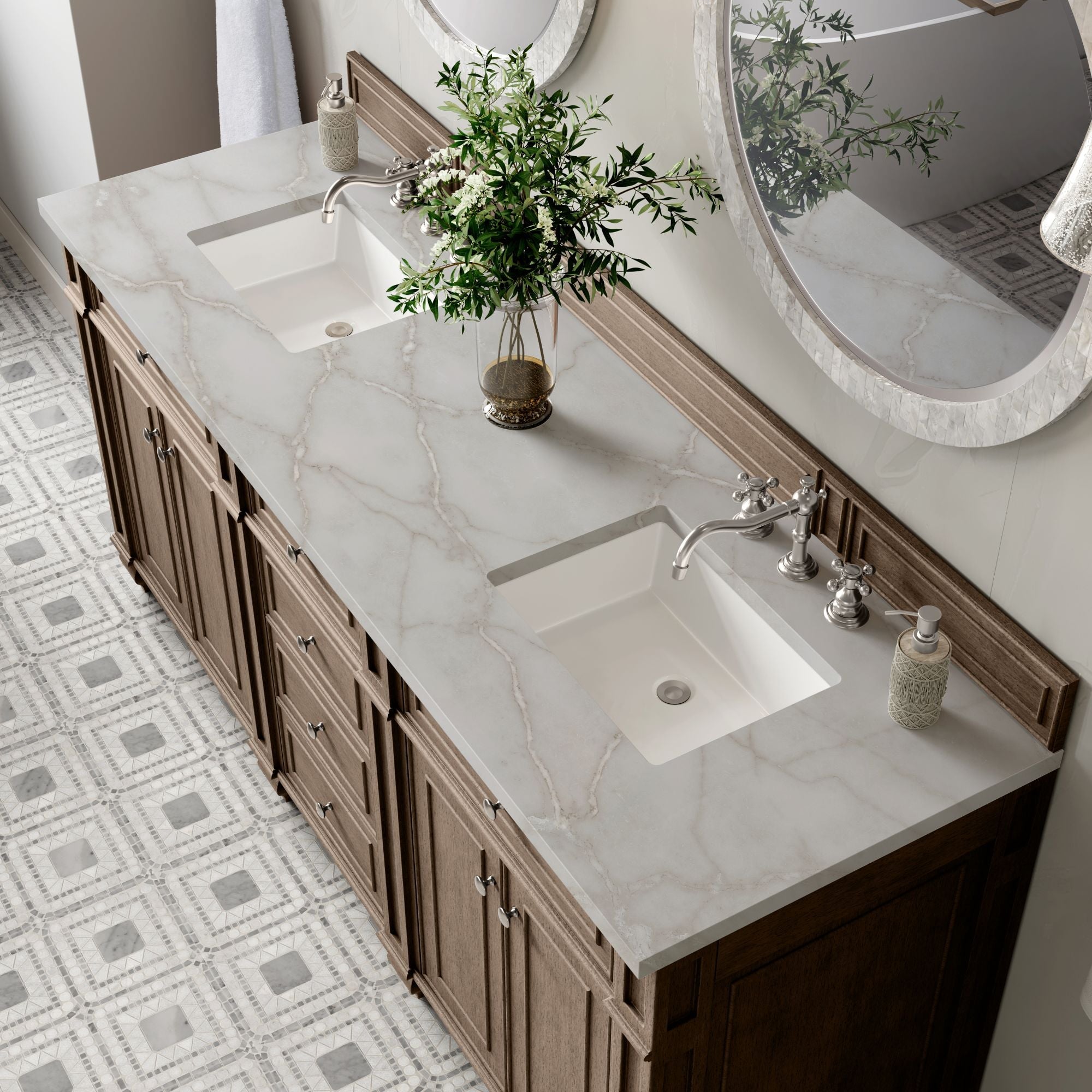 James Martin Bristol 72" Double Bathroom Vanity, Whitewashed Walnut with Victorian Silver countertop