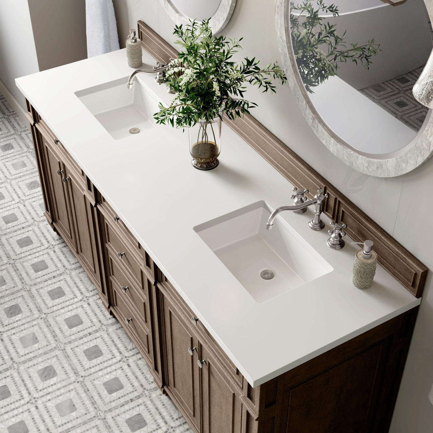 James Martin Bristol 72" Double Bathroom Vanity, Whitewashed Walnut with White Zeus countertop