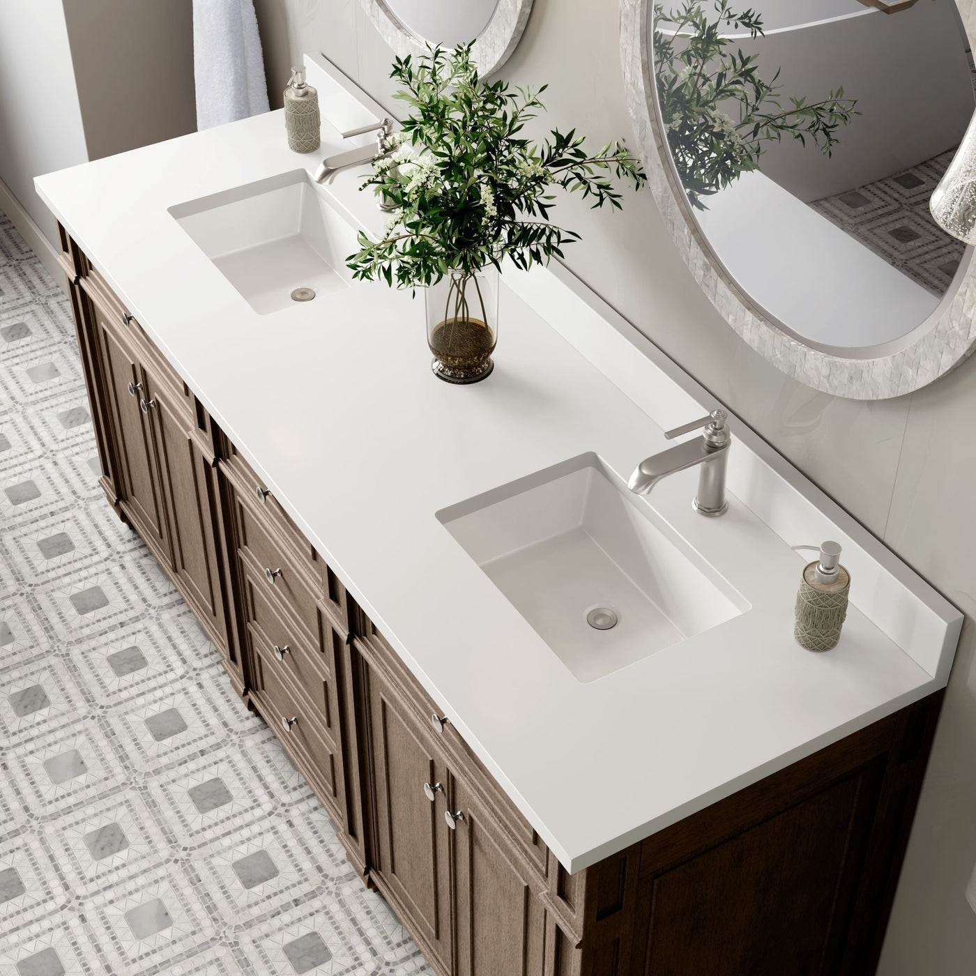 James Martin Bristol 72" Double Bathroom Vanity, Whitewashed Walnut with White Zeus (Single Hole, with Backsplash) countertop