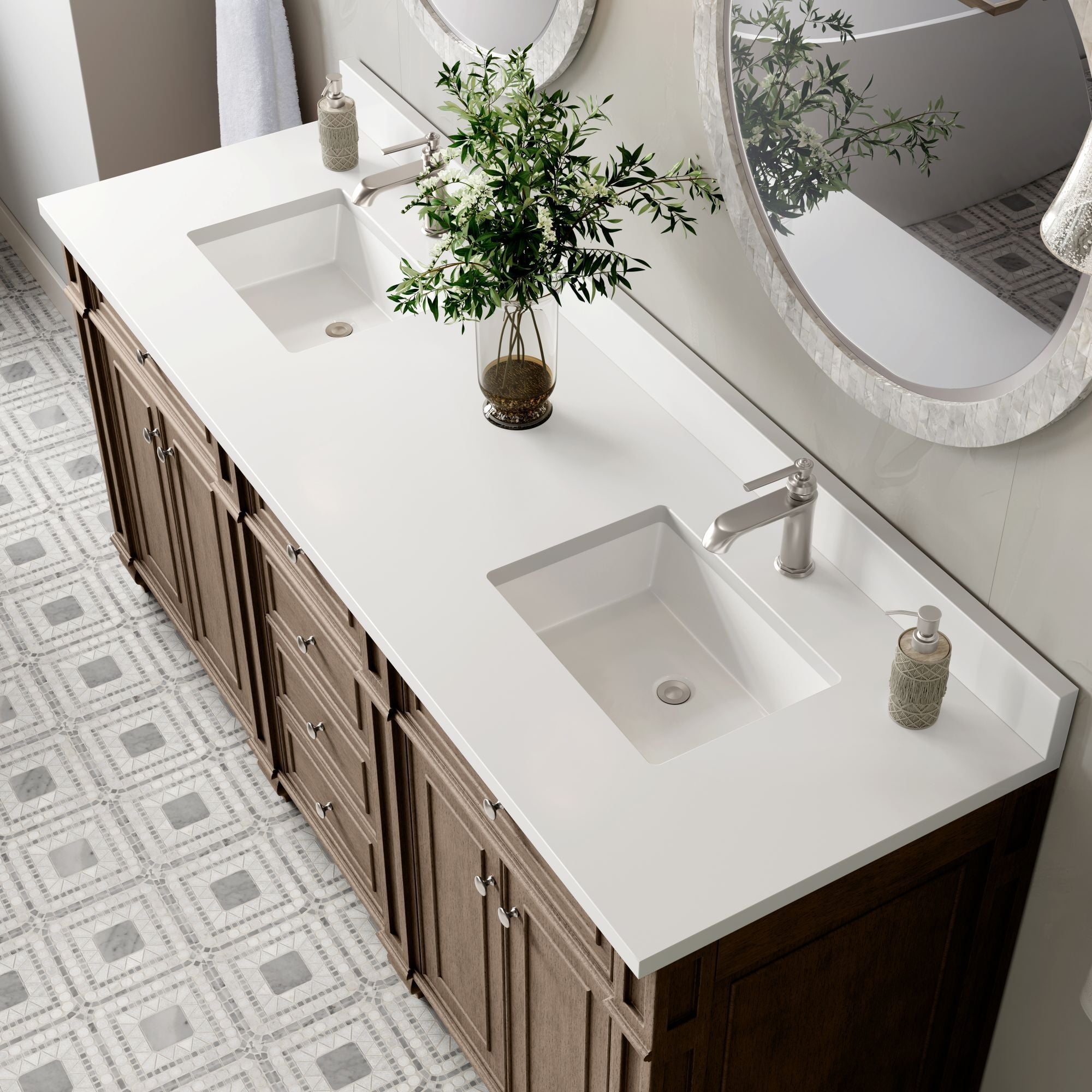 James Martin Bristol 72" Double Bathroom Vanity, Whitewashed Walnut with White Zeus (Single Hole, with Backsplash) countertop
