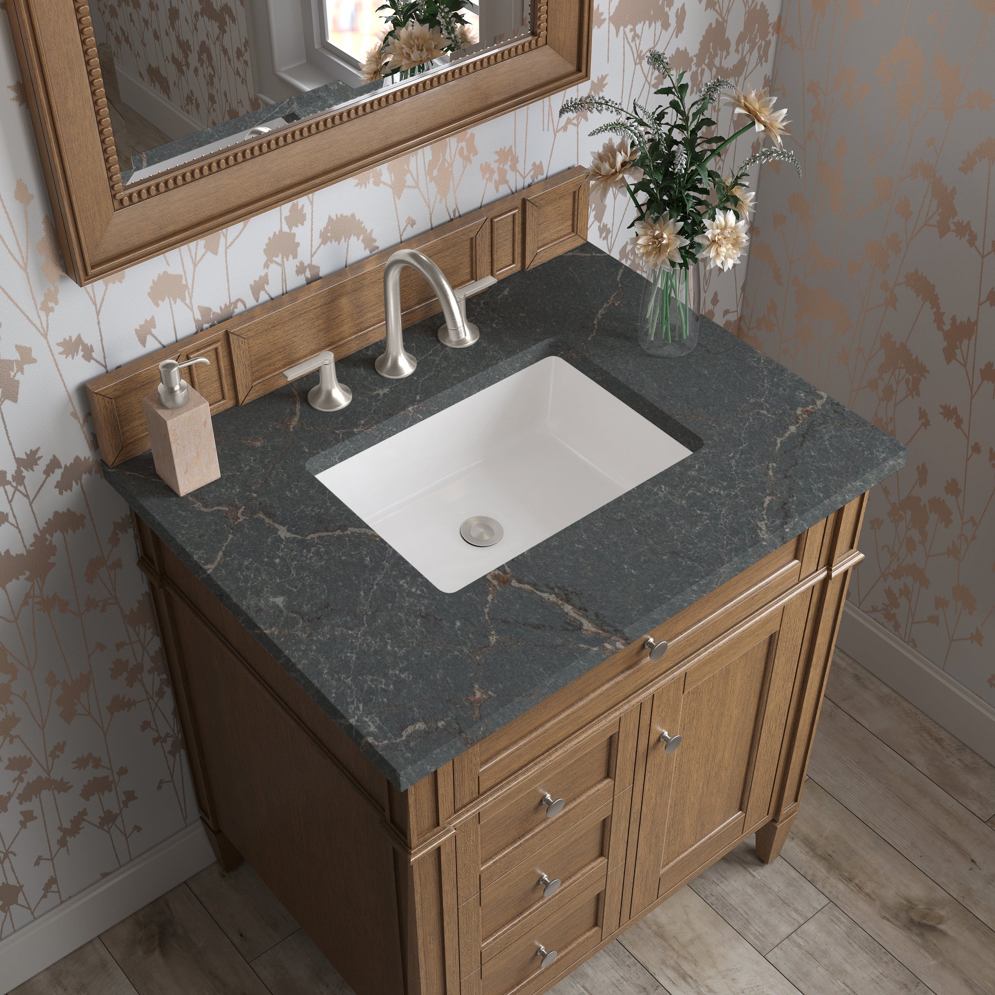James Martin Brittany 30" Single Bathroom Vanity, Saddle Brown with Parisien Bleu countertop