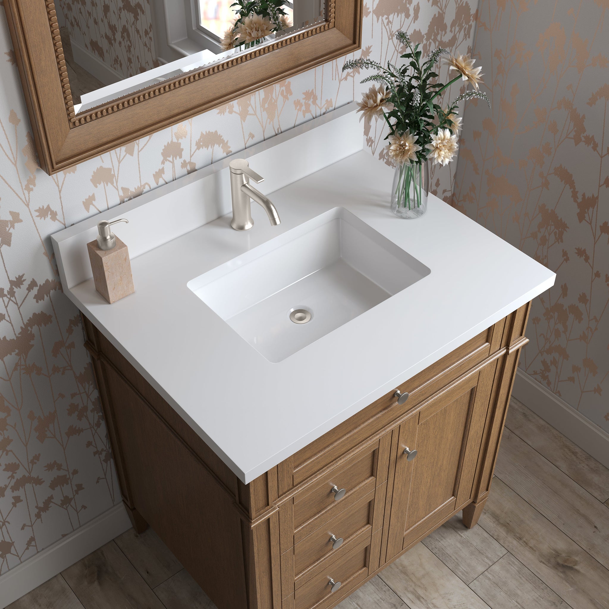 James Martin Brittany 30" Single Bathroom Vanity, Saddle Brown with White Zeus (Single Hole, with Backsplash) countertop