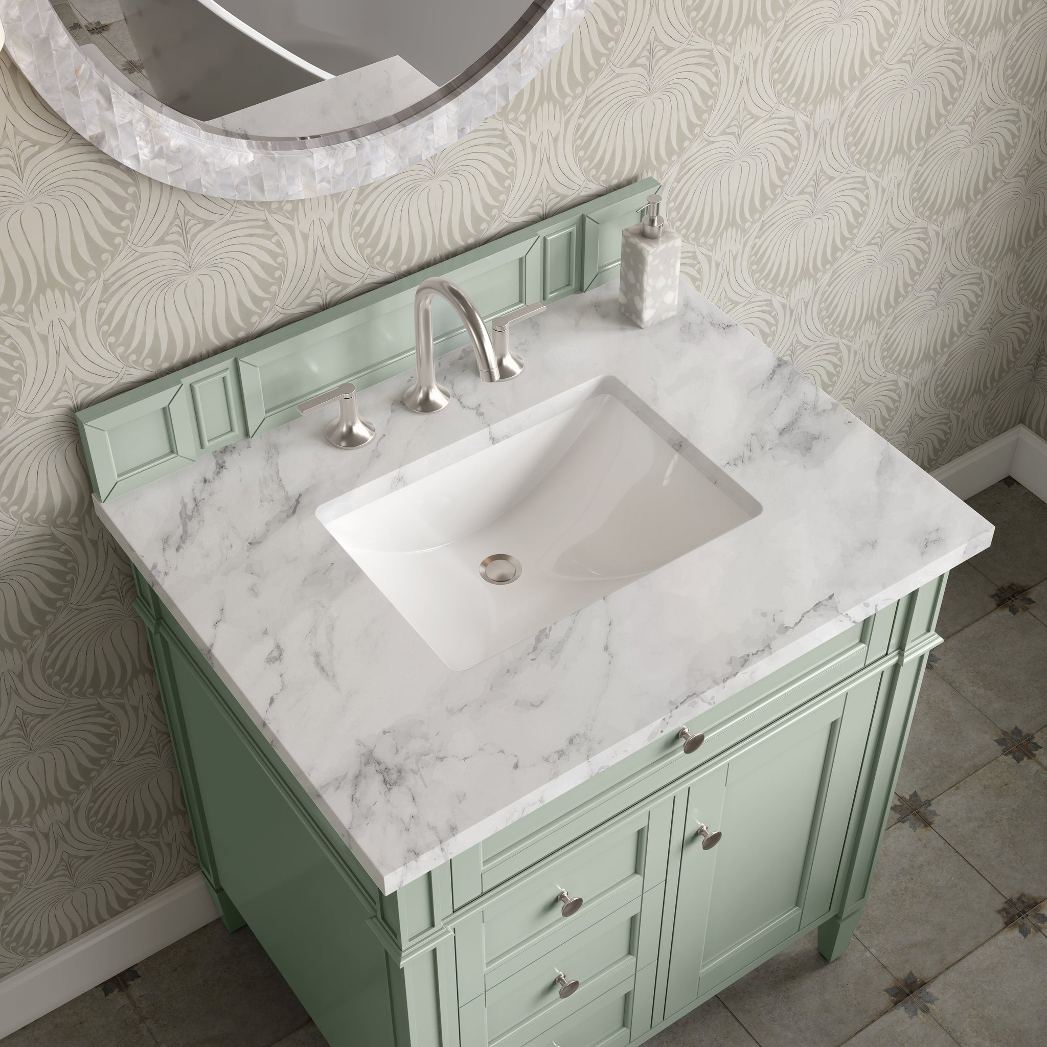 James Martin Brittany 30" Single Bathroom Vanity, Sage Green with Carrara White countertop