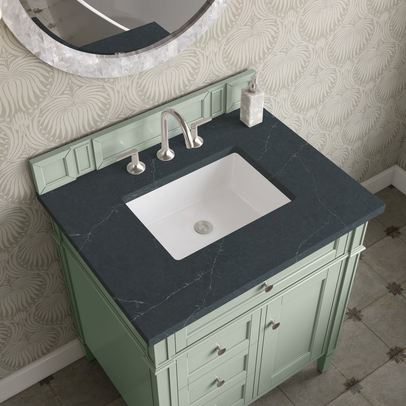 James Martin Brittany 30" Single Bathroom Vanity, Sage Green with Charcoal Soapstone countertop