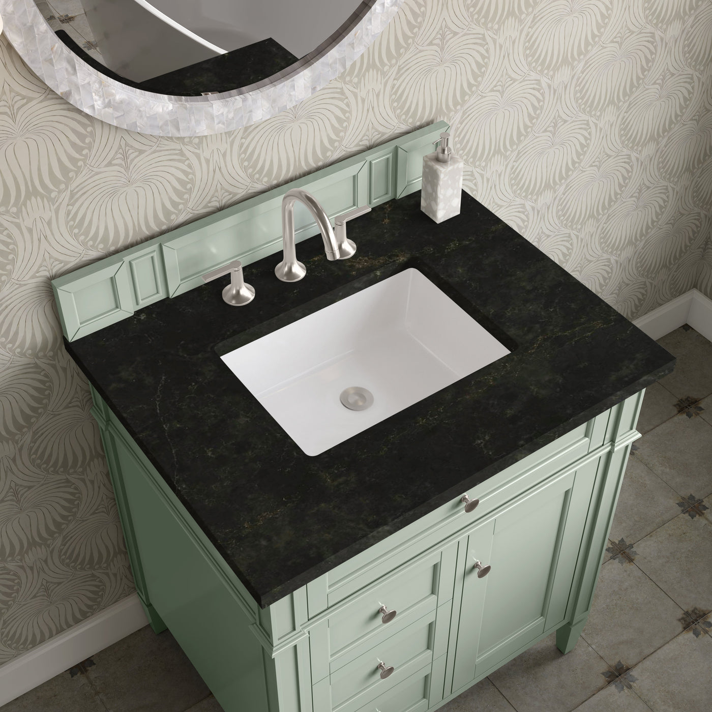 James Martin Brittany 30" Single Bathroom Vanity, Sage Green with Phantome countertop