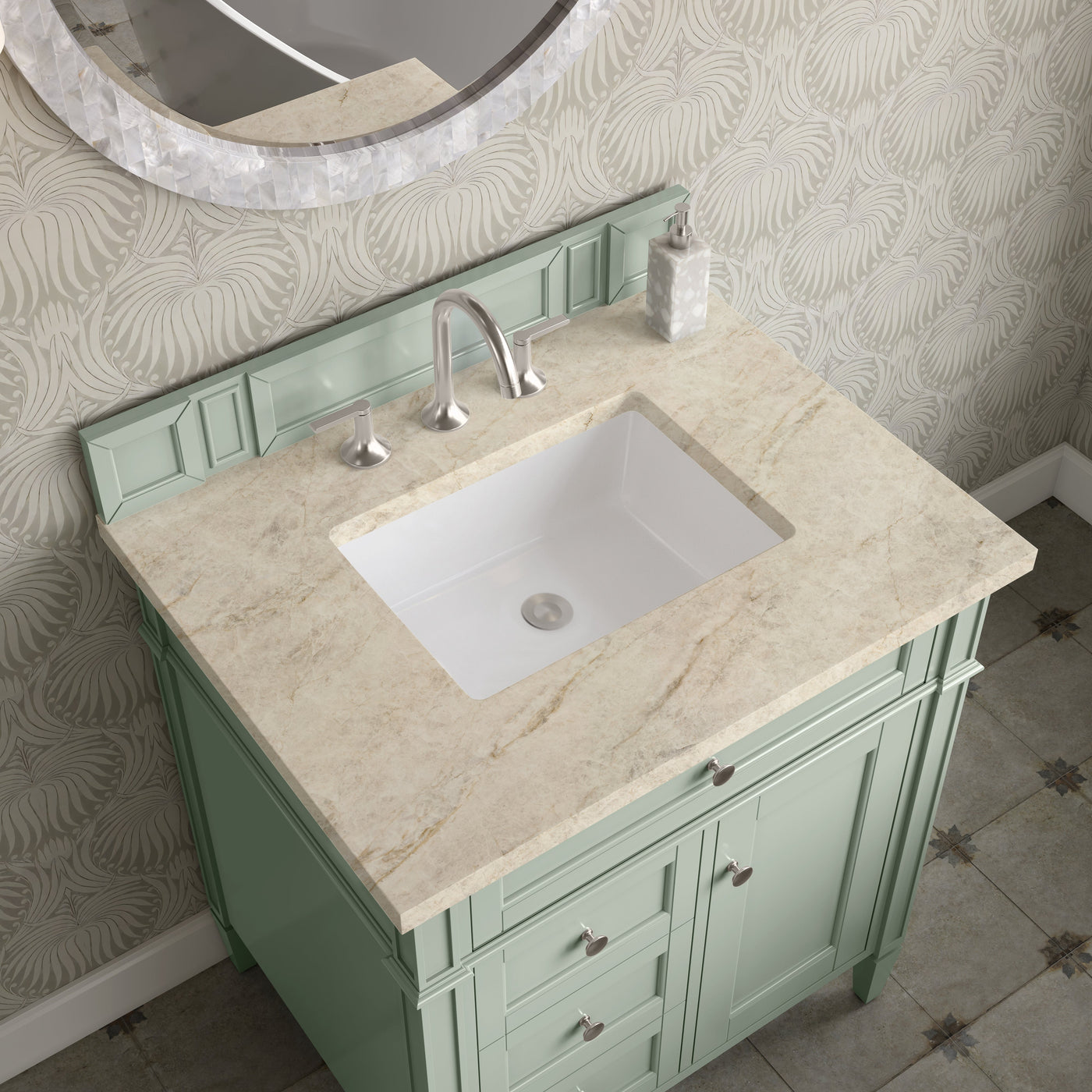 James Martin Brittany 30" Single Bathroom Vanity, Sage Green with Tajnar countertop
