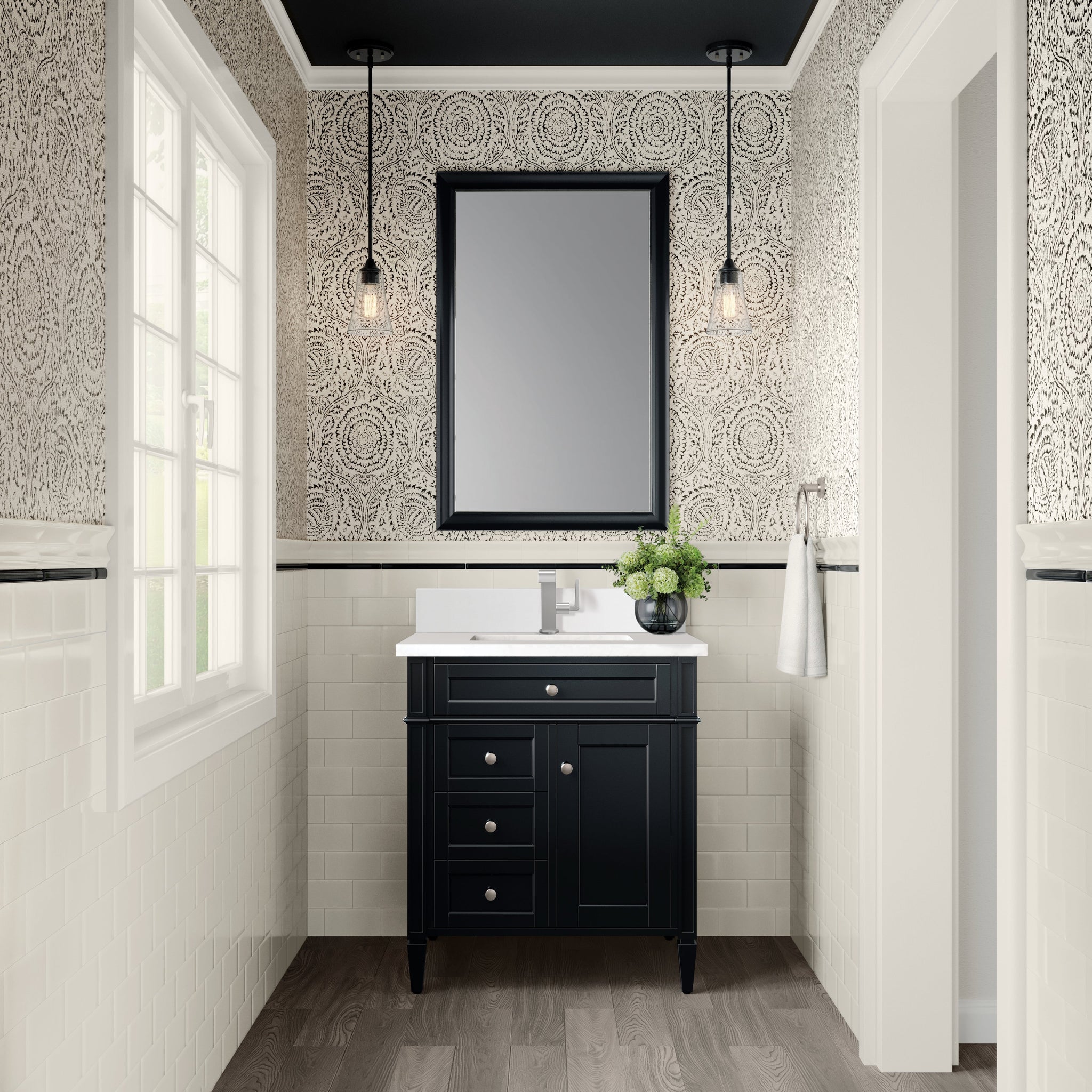 James Martin Brittany 30" Single Bathroom Vanity, Black Onyx with White Zeus (Single Hole, with Backsplash) countertop