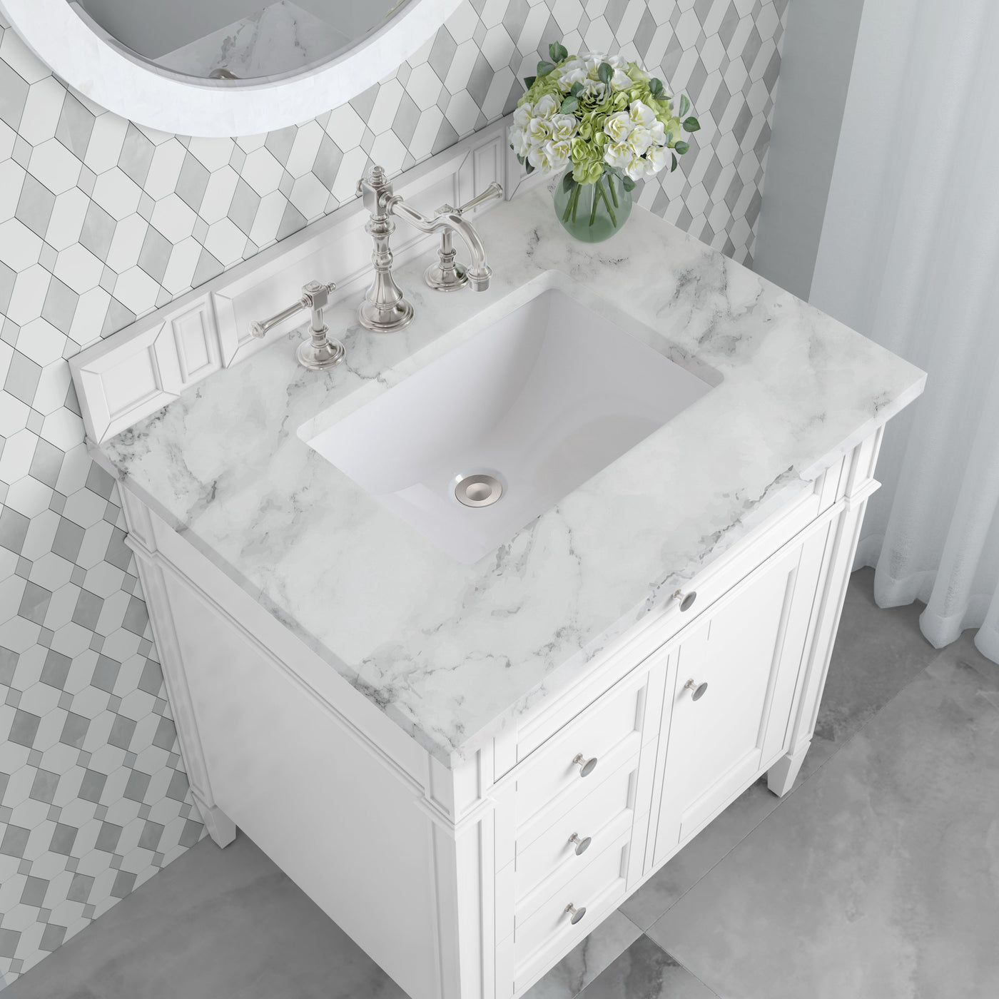 James Martin Brittany 30" Single Bathroom Vanity, Bright White with Carrara White countertop
