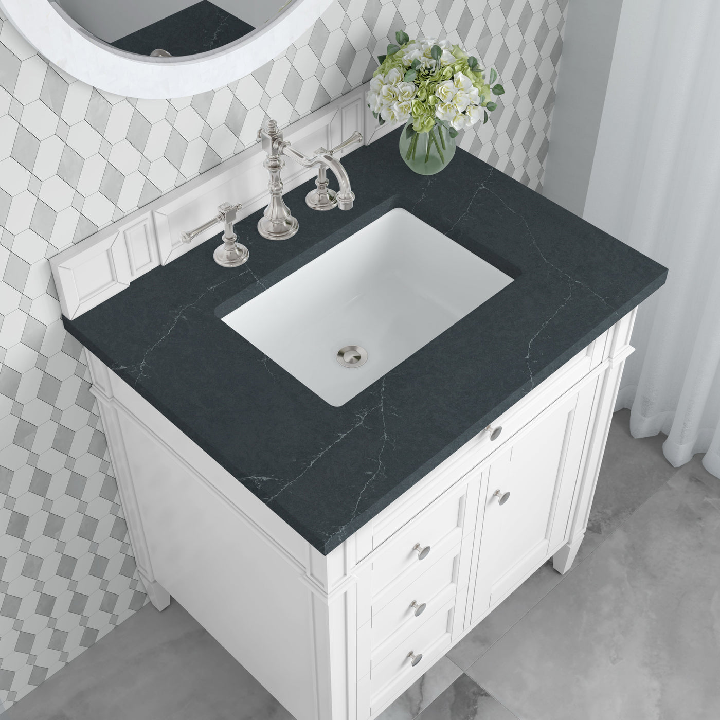 James Martin Brittany 30" Single Bathroom Vanity, Bright White with Charcoal Soapstone countertop