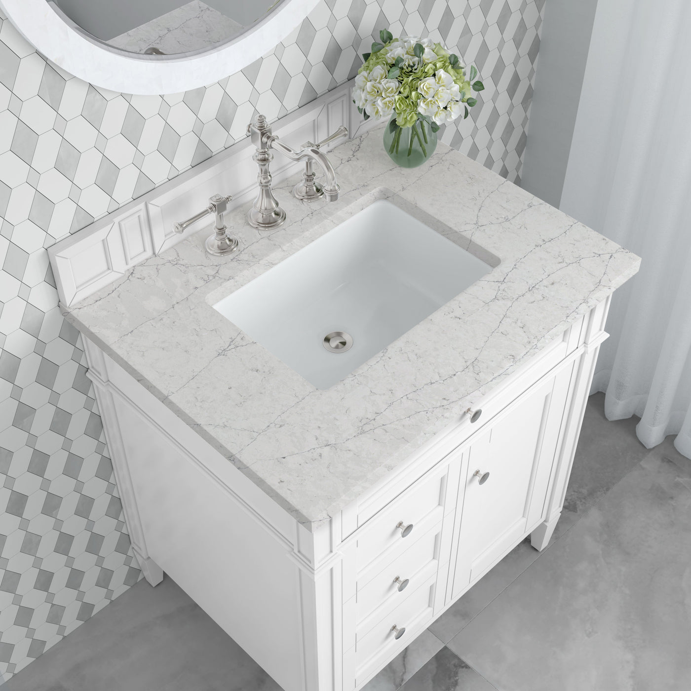 James Martin Brittany 30" Single Bathroom Vanity, Bright White with Eternal Jasmine Pearl countertop