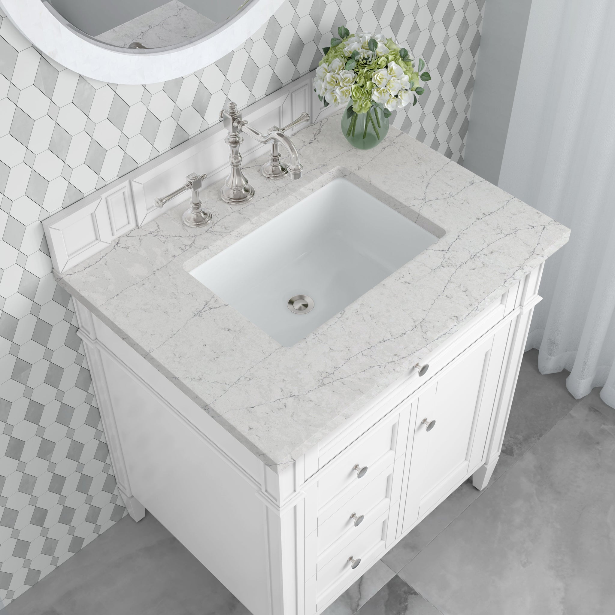 James Martin Brittany 30" Single Bathroom Vanity, Bright White with Eternal Jasmine Pearl countertop