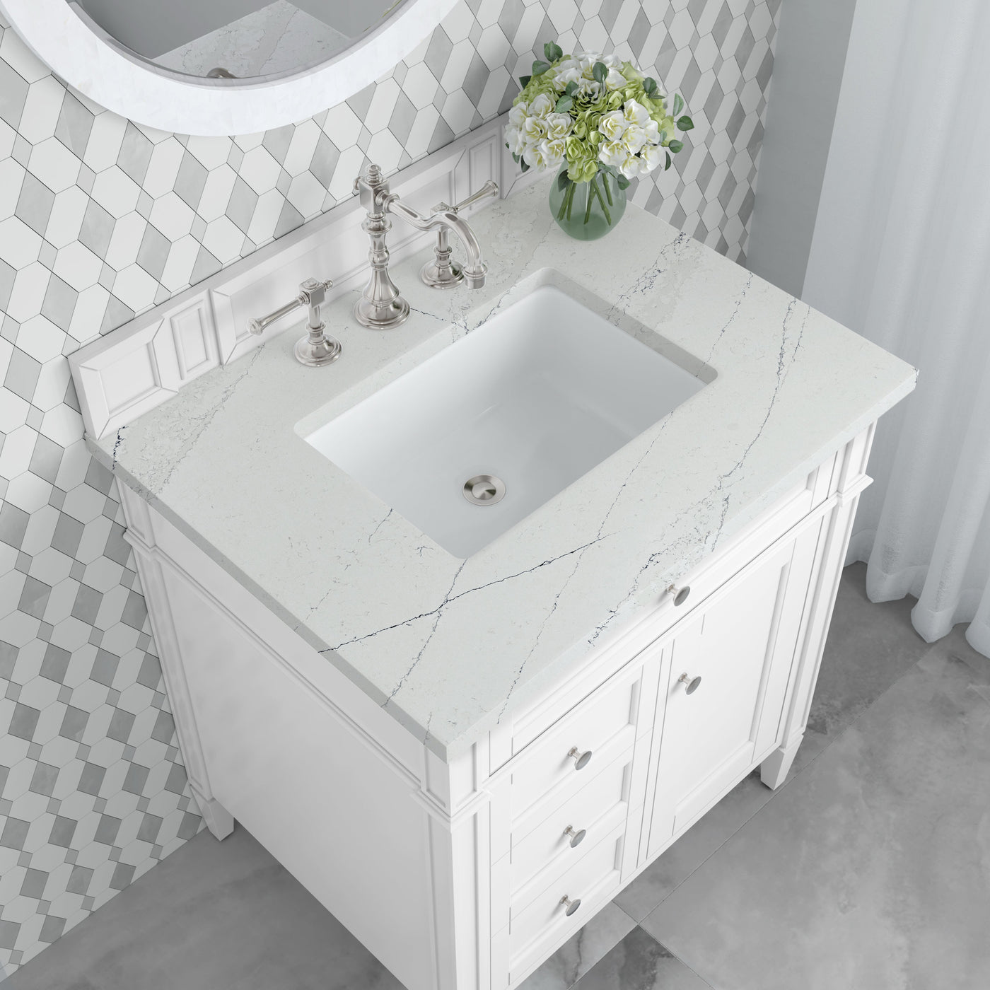 James Martin Brittany 30" Single Bathroom Vanity, Bright White with Ethereal Noctis countertop