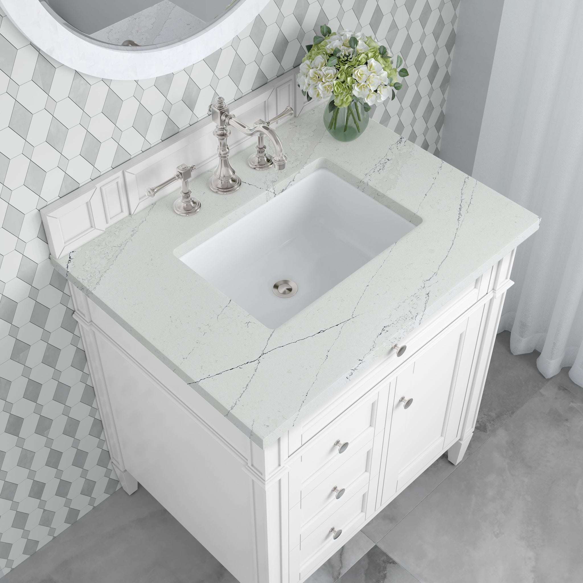 James Martin Brittany 30" Single Bathroom Vanity, Bright White with Ethereal Noctis countertop