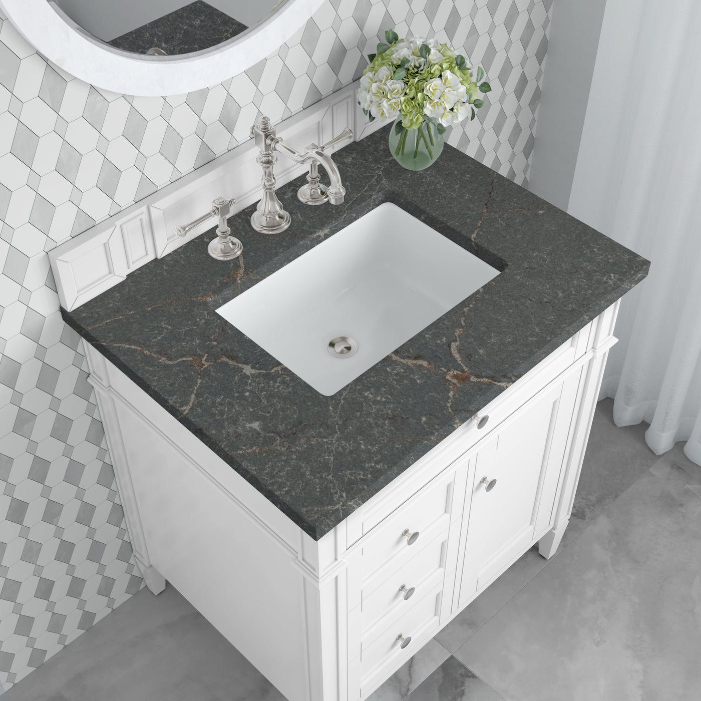 James Martin Brittany 30" Single Bathroom Vanity, Bright White with Parisien Bleu countertop