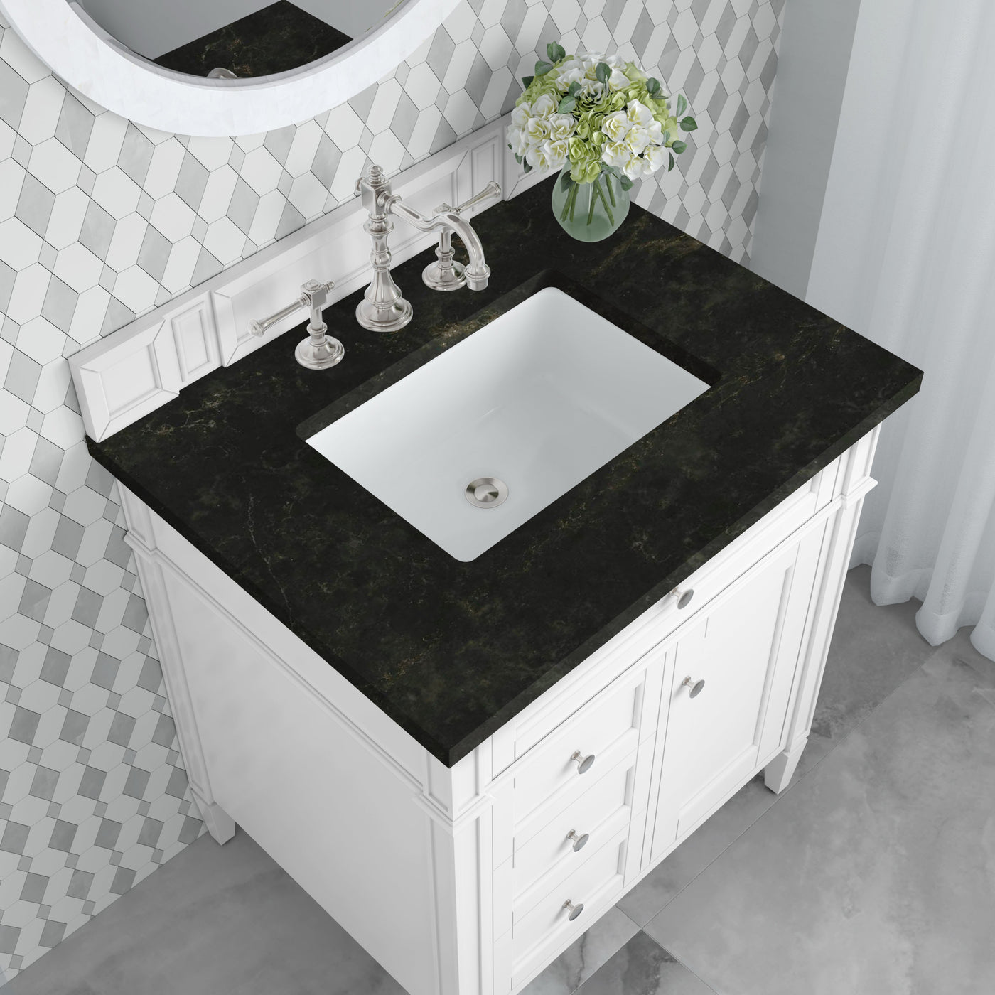 James Martin Brittany 30" Single Bathroom Vanity, Bright White with Phantome countertop