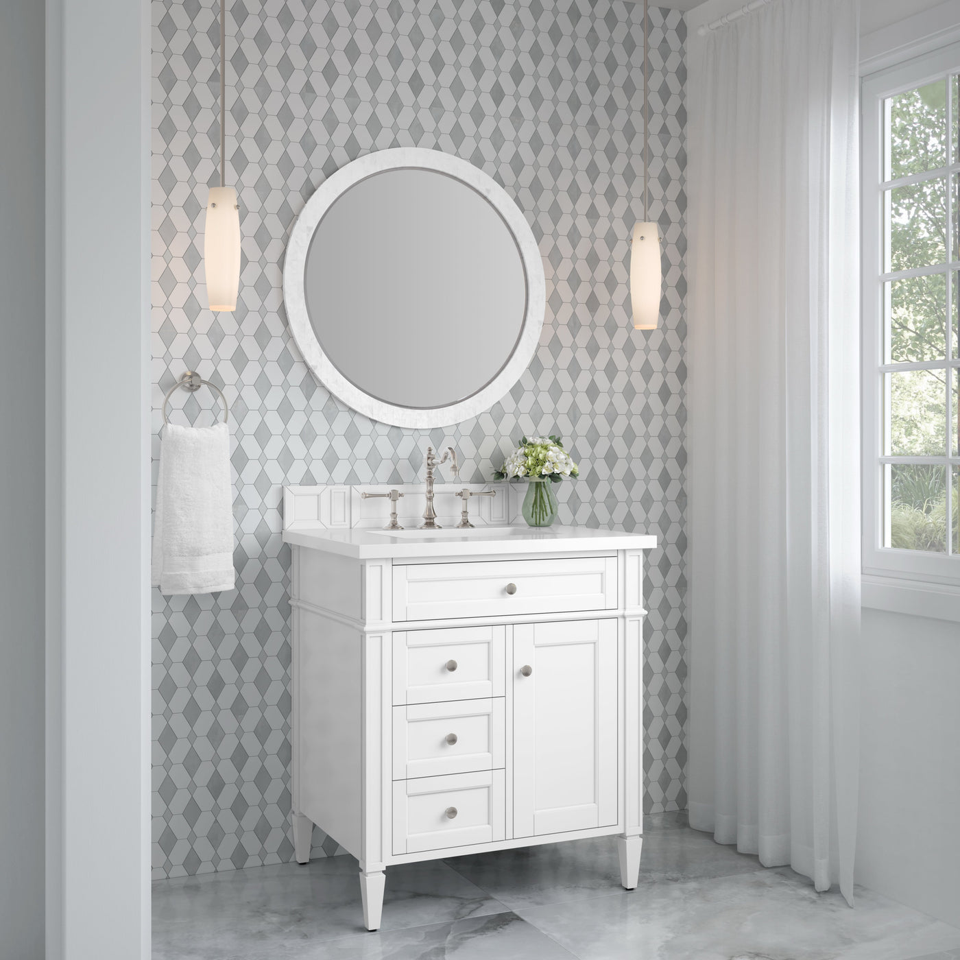 James Martin Brittany 30" Single Bathroom Vanity, Bright White, cabinet without a countertop