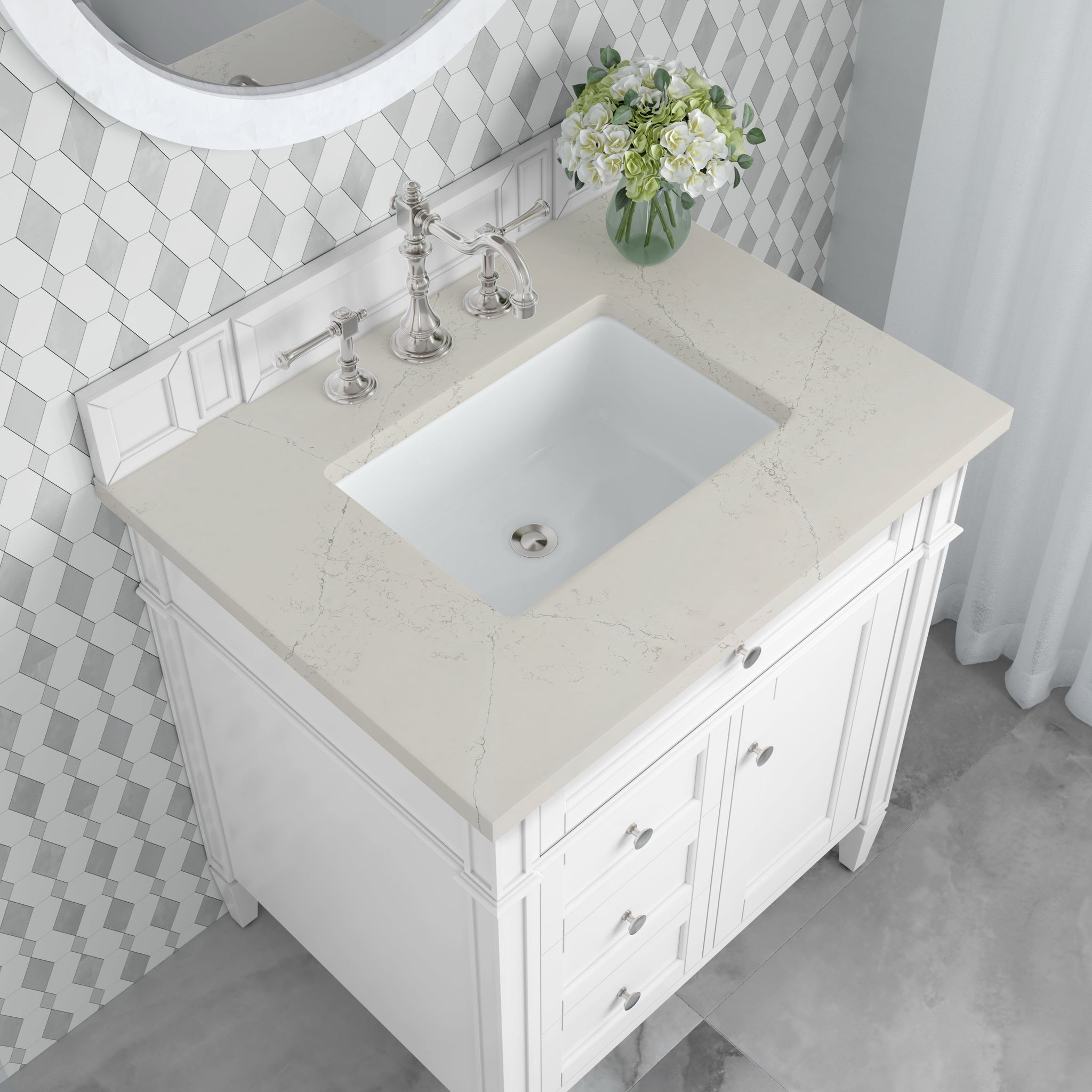 James Martin Brittany 30" Single Bathroom Vanity, Bright White with Siberian countertop