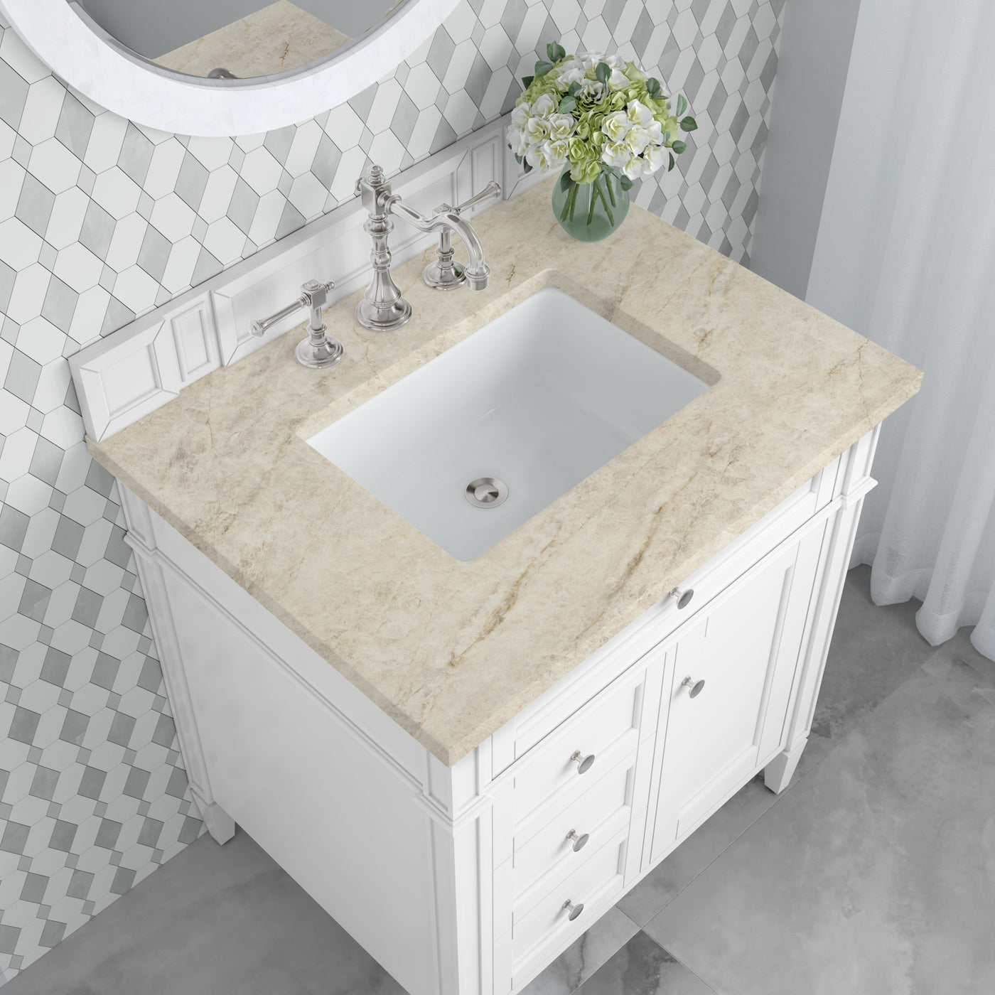 James Martin Brittany 30" Single Bathroom Vanity, Bright White with Tajnar countertop