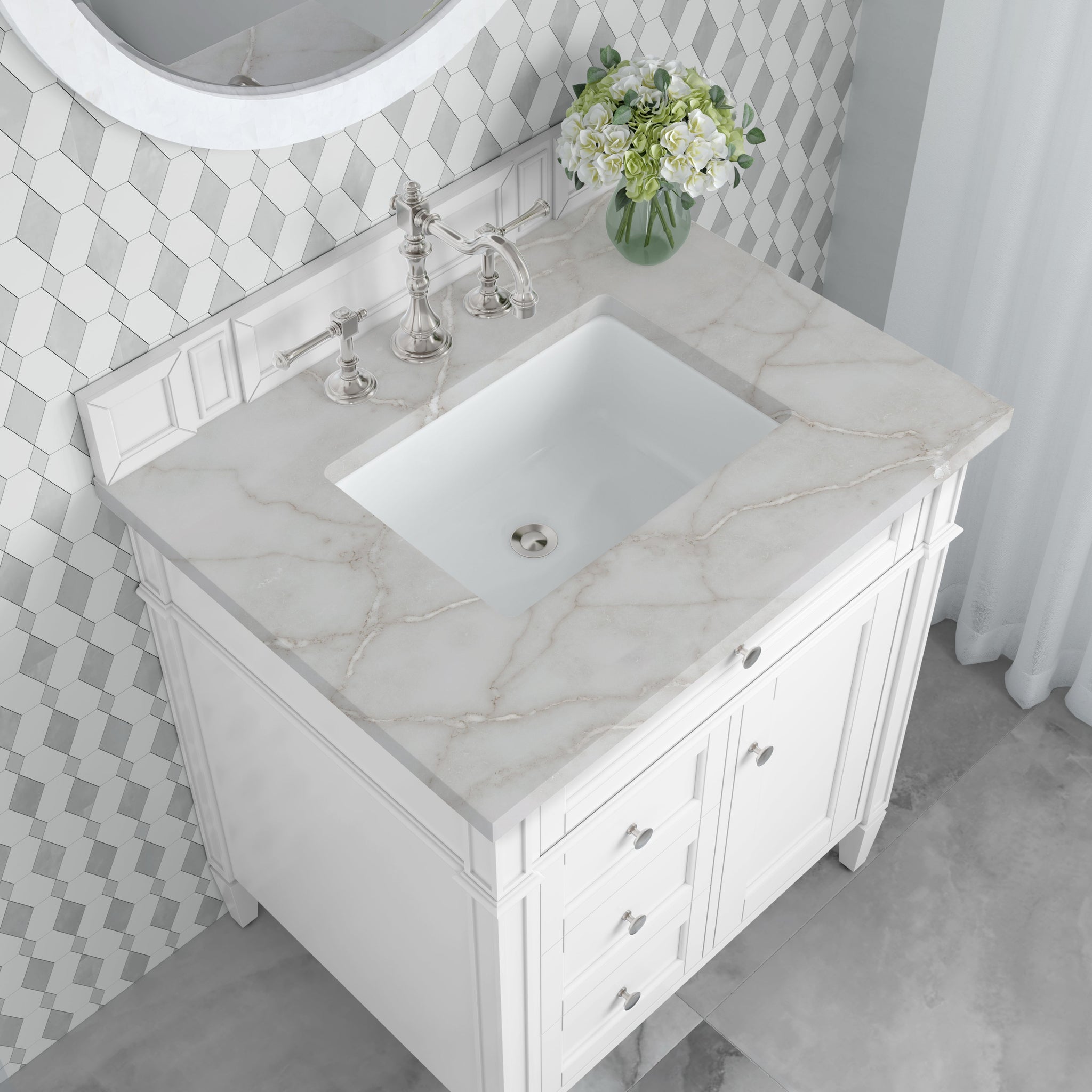 James Martin Brittany 30" Single Bathroom Vanity, Bright White with Victorian Silver countertop